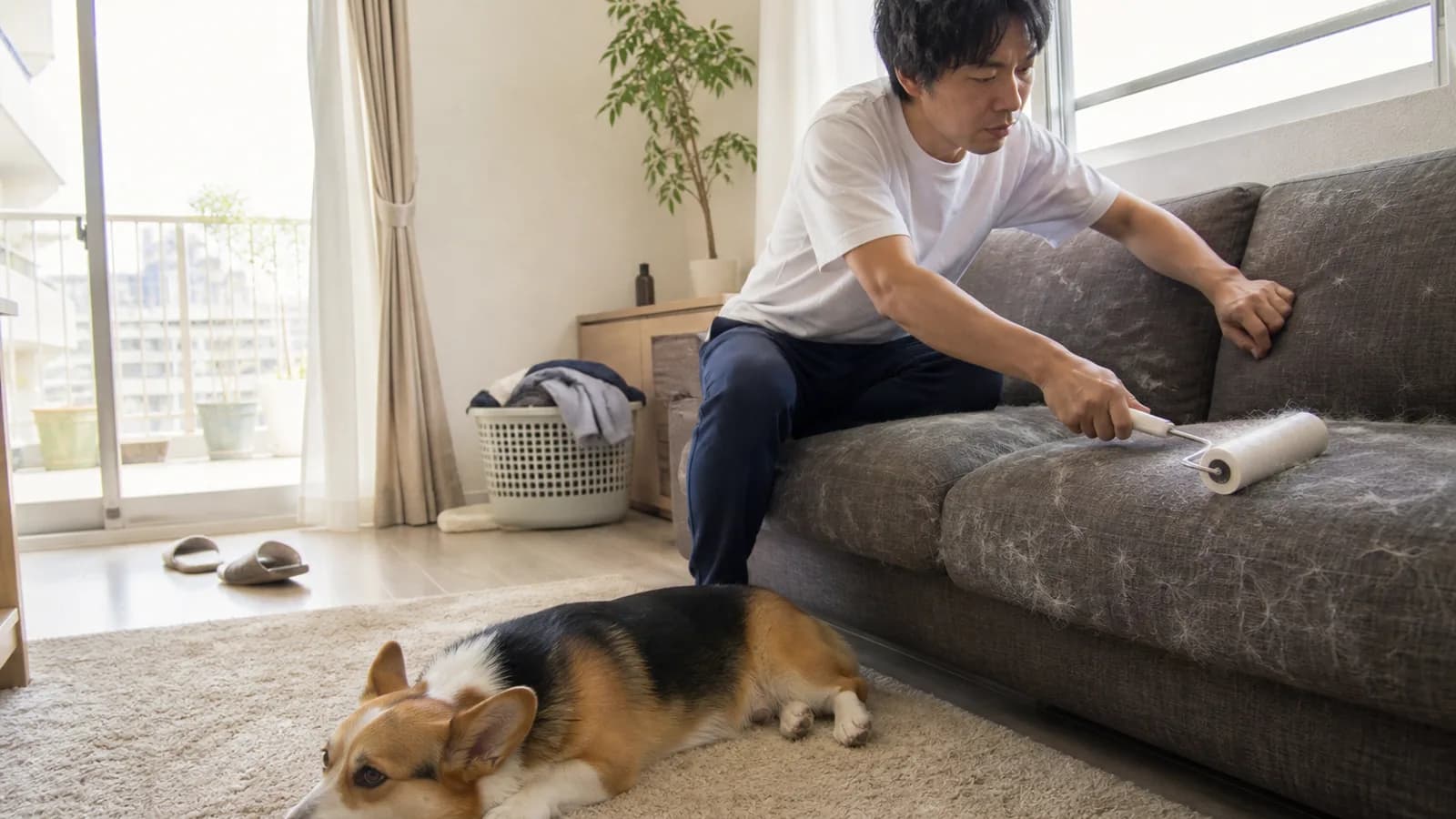 コーギーの抜け毛で覆われたソファに粘着ローラーをかける男性と、ラグで寝そべるコーギー