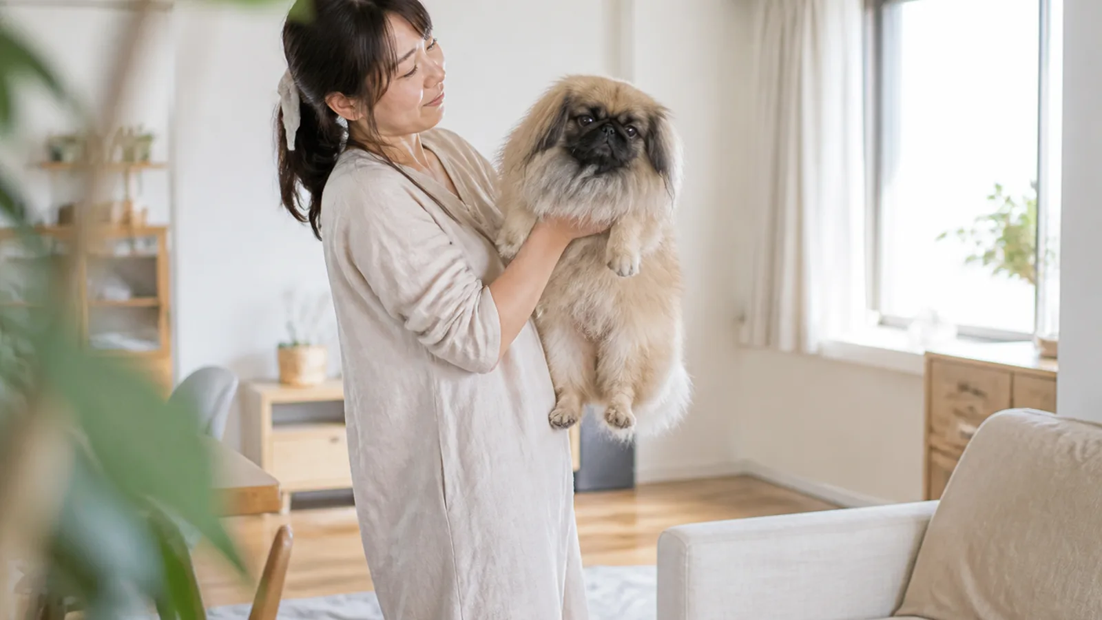 両手でフォーンのペキニーズを胸の高さまで抱き上げる女性