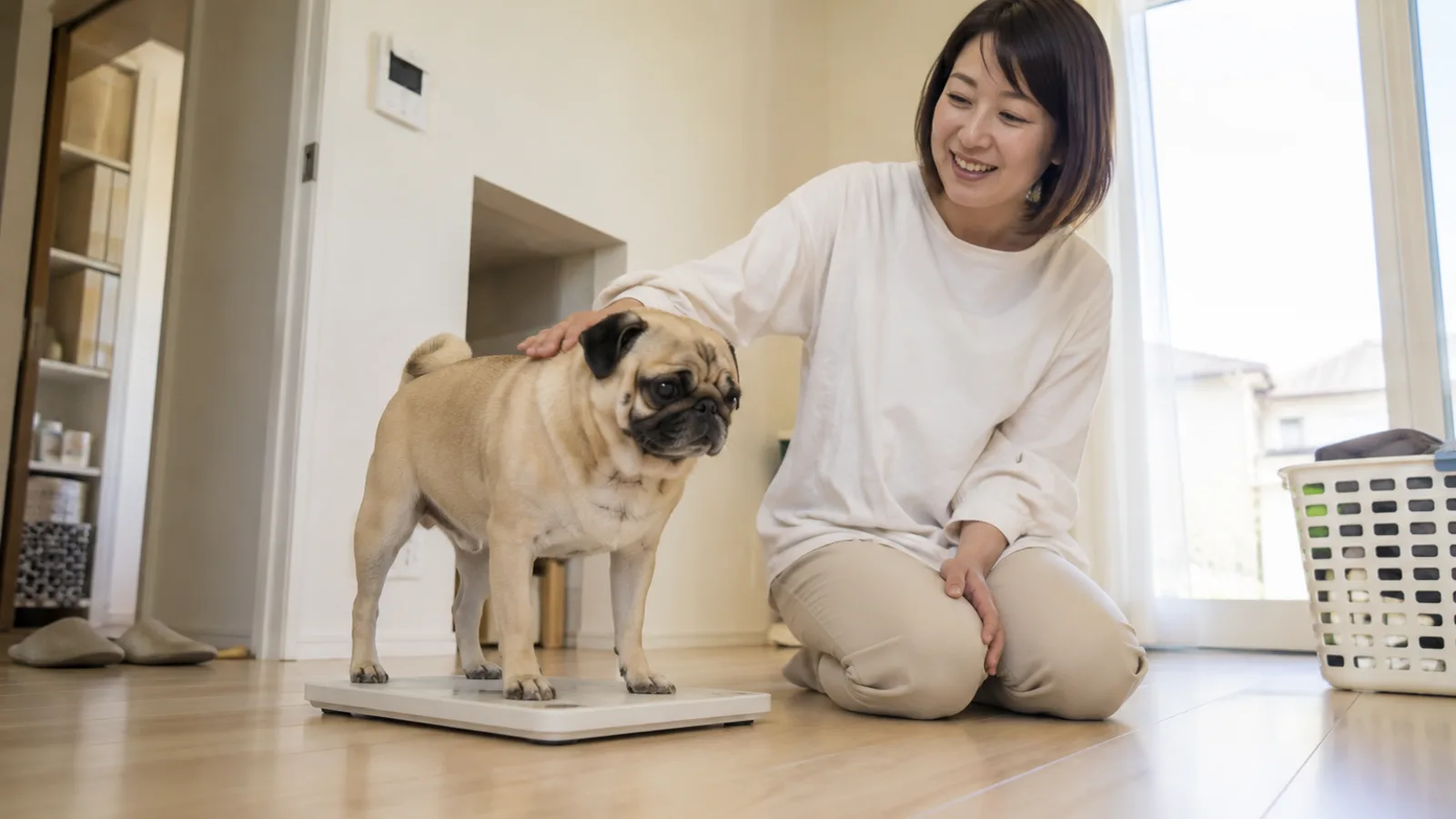 床置きのペット用体重計に四足で立つフォーンのパグと、膝をついて背に手を添える女性