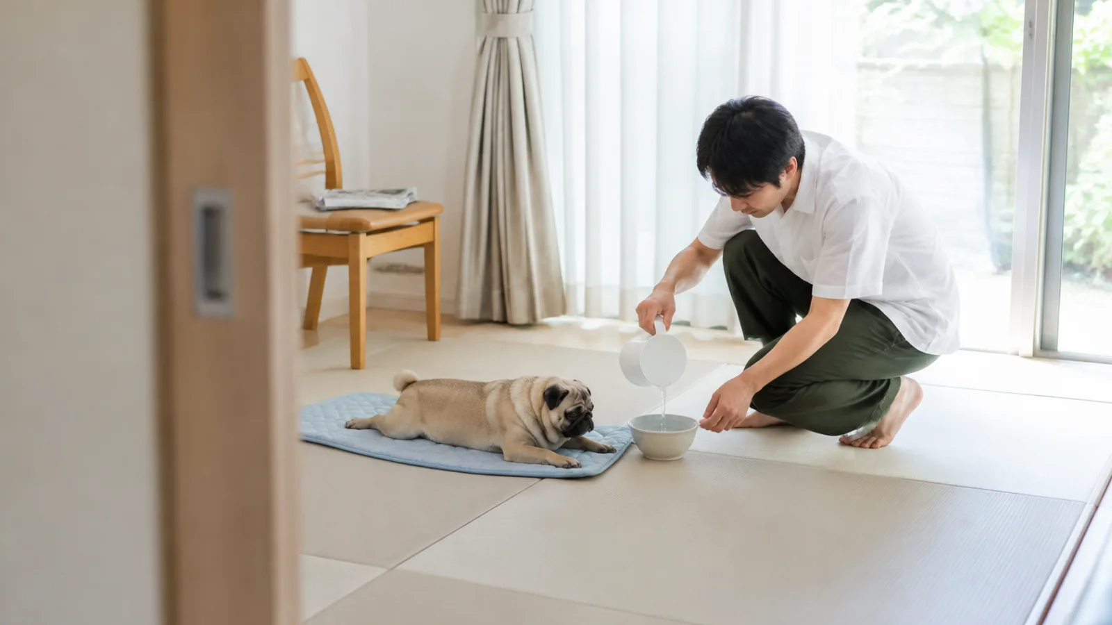 冷感マットの上で体を伸ばして伏せるフォーンのパグと、そばで水入れに水を注ぐ男性