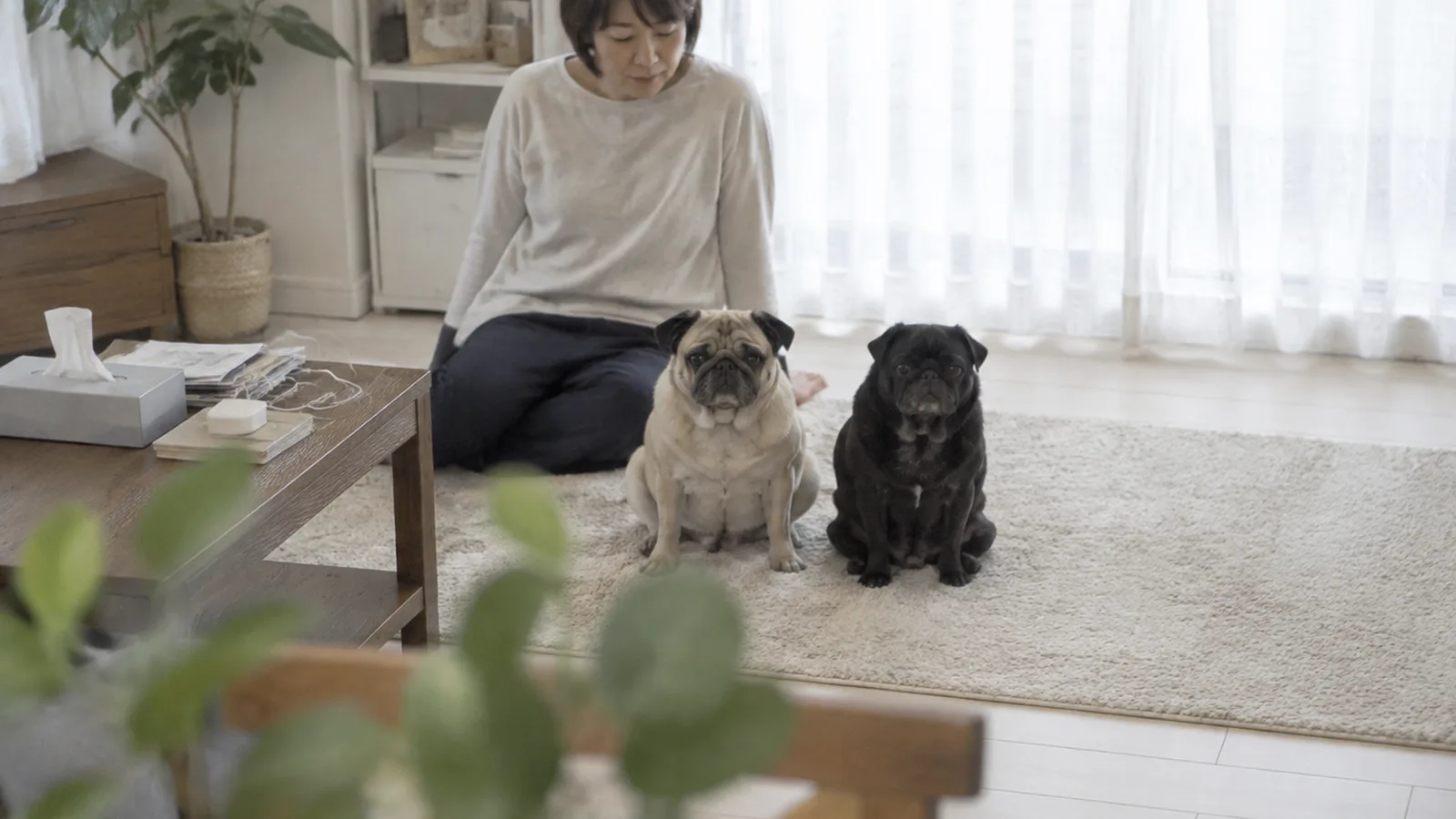 ラグに並んで座るフォーンのパグと全身が黒いパグ、後ろに座る女性