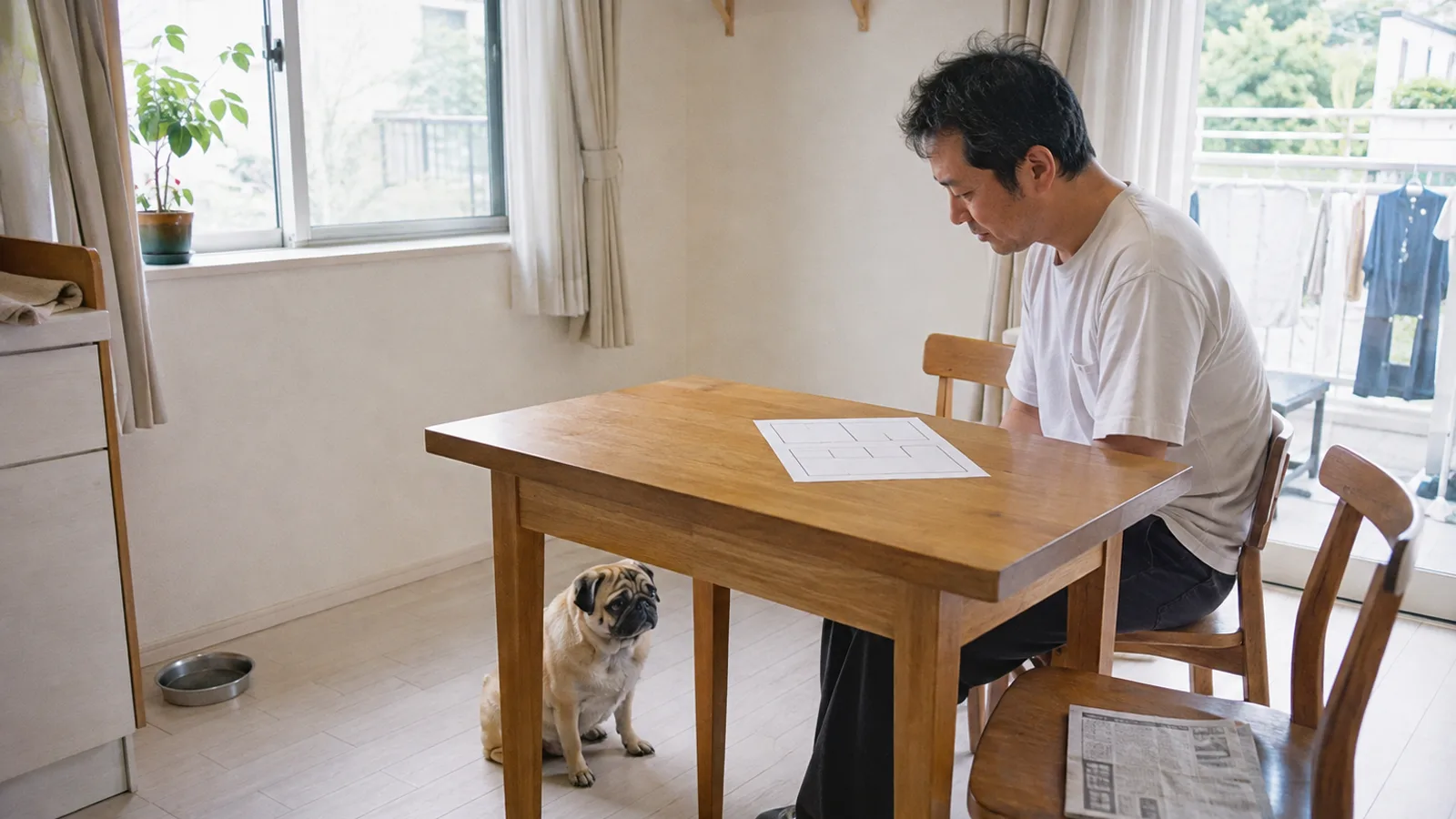 テーブルに広げた枠と線だけの手描きの家系図を見る男性と、足元に座るフォーンのパグ