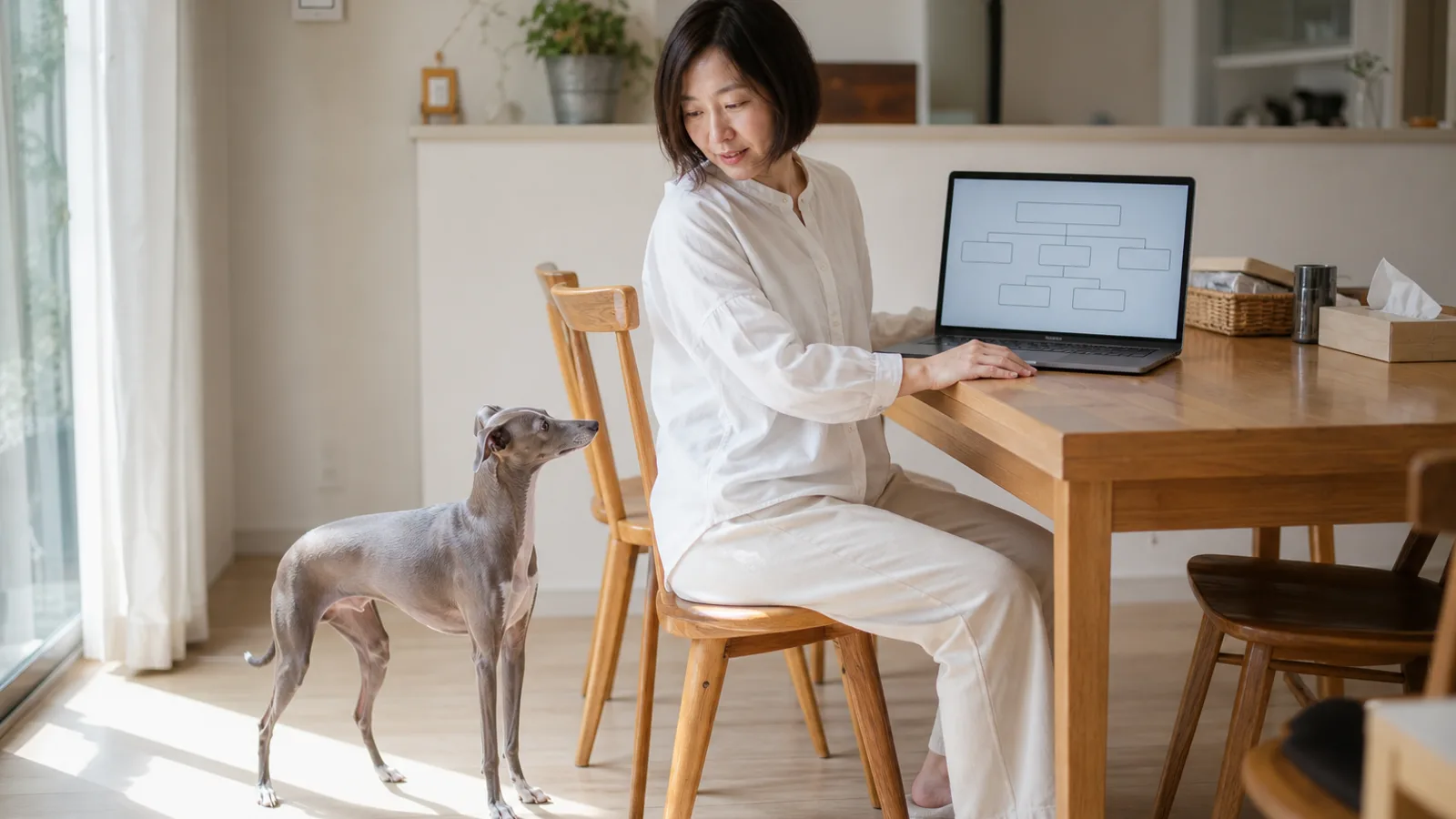 ダイニングでノートパソコンの家系図の画面に向かう女性と、椅子の横に立って見上げるグレーのイタリアン・グレーハウンド