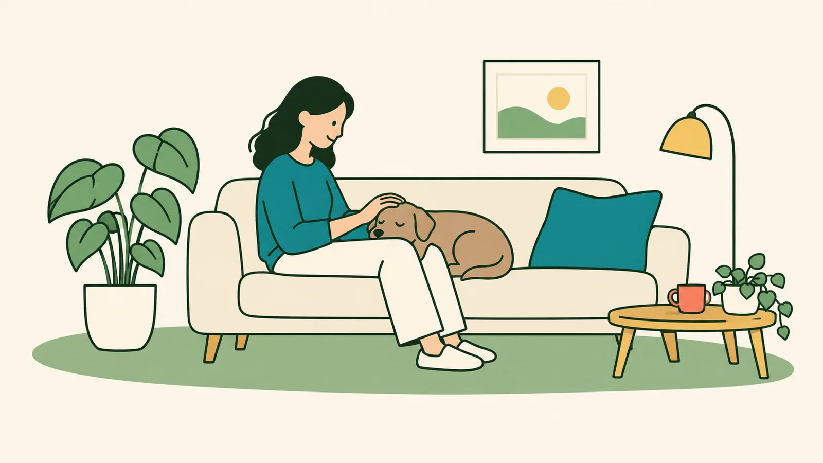 イラスト:ソファにすわる飼い主のひざにあごをのせる小さなミックス犬