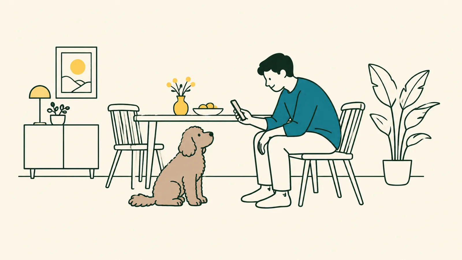 イラスト:ダイニングで、飼い主がスマホを向ける前にすわる巻き毛の小さなミックス犬