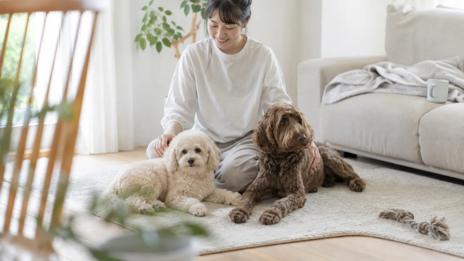 ラグに並んで伏せる、小さな巻き毛のクリーム色のミックス犬と中型のウェーブのある茶色のミックス犬、後ろに座る女性