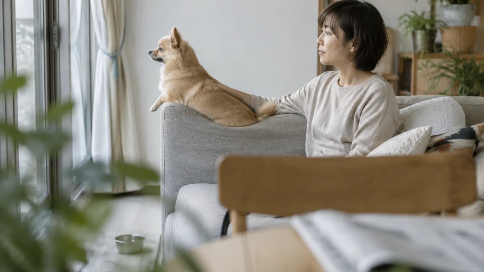 ソファの背に寝そべって窓の外を見る厚いフォーンの被毛の小型ミックス犬と、背中に手を置いて座る女性