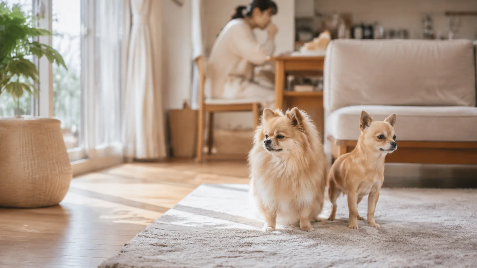 ラグの上に並んで立つ2頭のフォーンの小型犬。左は厚い立ち毛で体が太く見え、右は短い毛で細い体の線が見える。奥のテーブルに女性