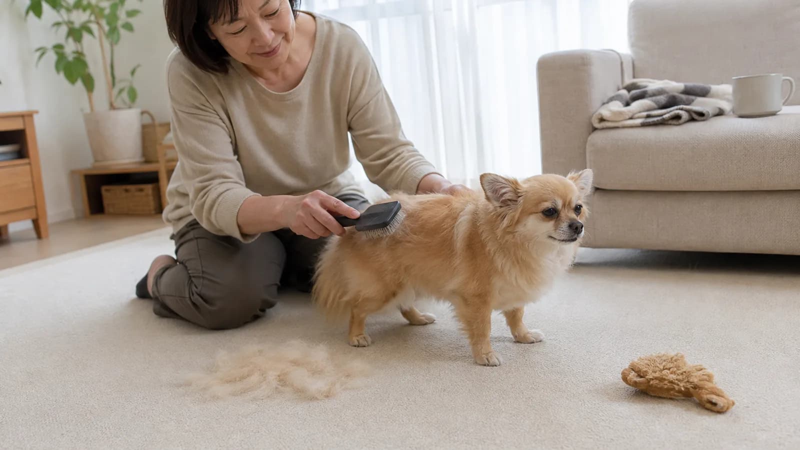 厚いフォーンの被毛と立ち耳の小型ミックス犬の背中にブラシをかける女性。床に抜けた毛の塊がたまっている