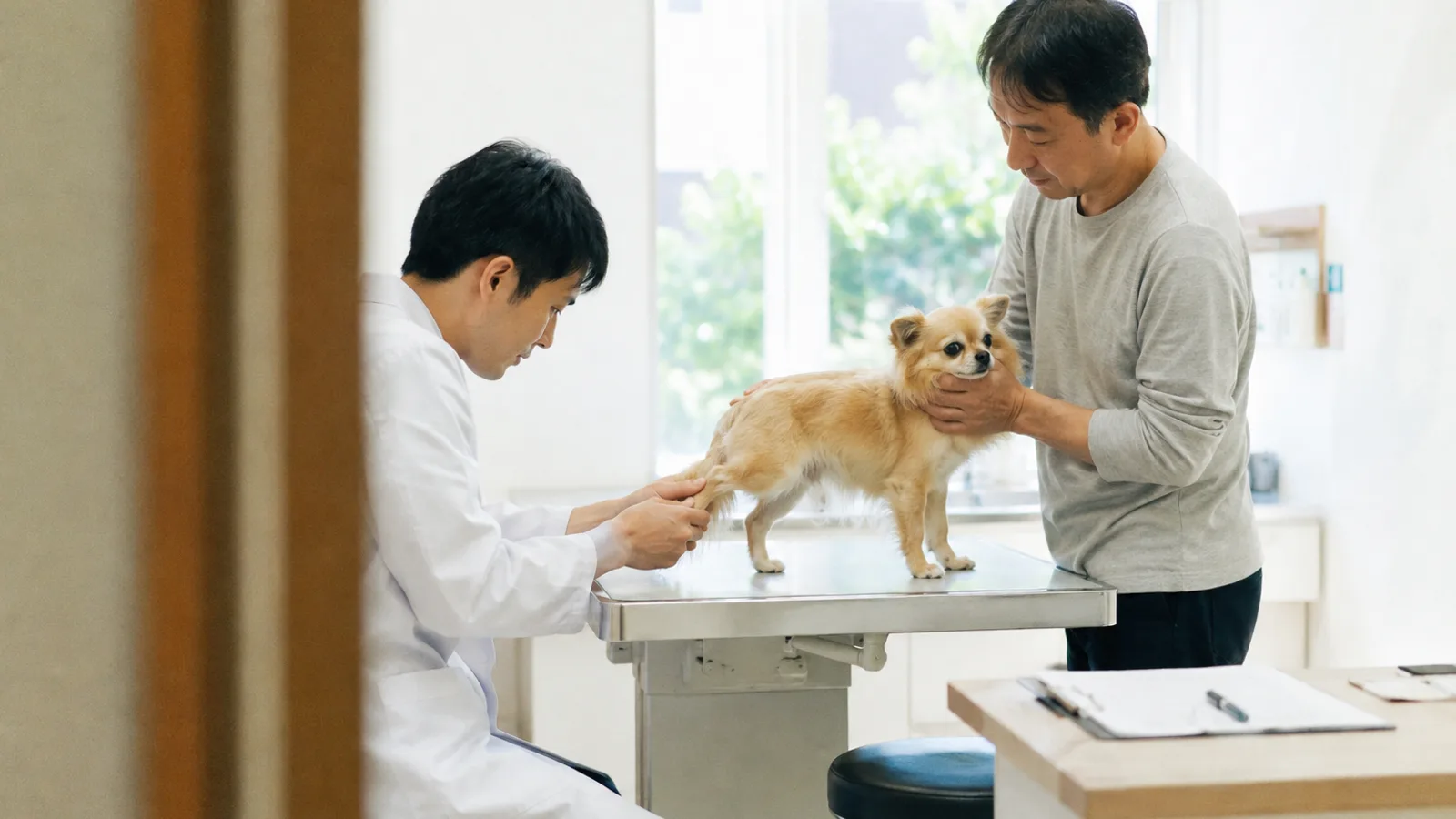 動物病院の診察台に立つ長毛フォーンの小型ミックス犬の後ろ足を持って確かめる獣医師と、犬の頭を支える男性