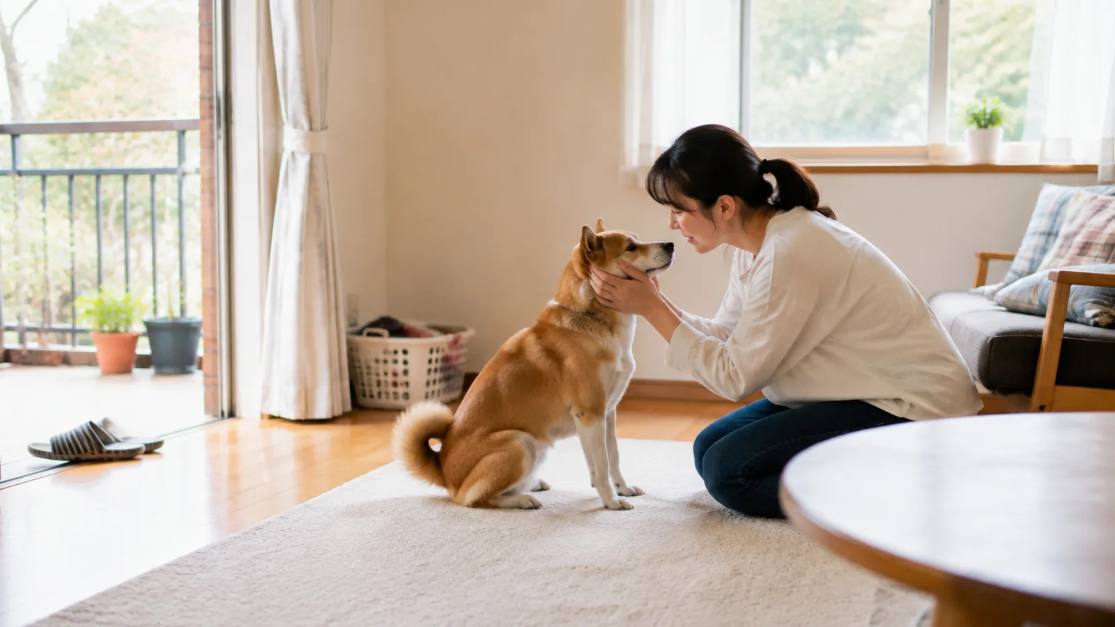 床に座り、茶と白の被毛で立ち耳のミックス犬の顔を両手でそっと包んで見つめる女性