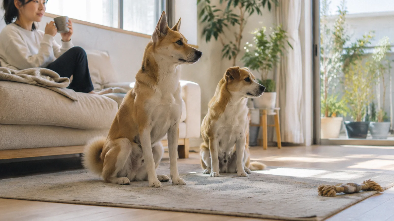 ラグに並んで座る、よく似た茶と白の被毛のミックス犬2頭。片方は立ち耳で大きく、もう片方は耳が半分折れて小さい