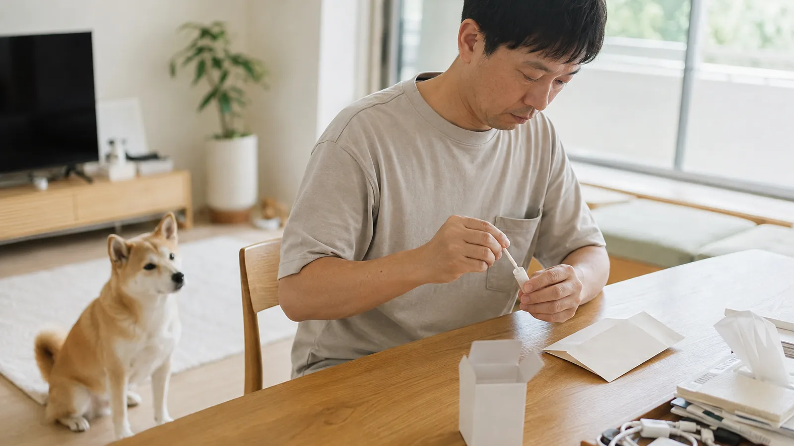 ダイニングで無地の小さな容器に綿棒を差し込む男性の手元と、横に開いた無地の返信用封筒。椅子の足元に茶と白のミックス犬