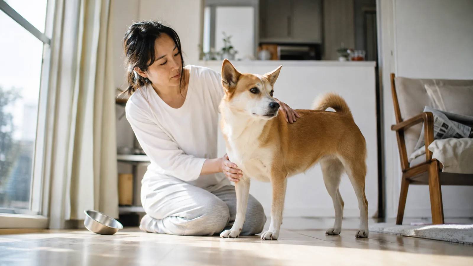 床に座り、落ち着いて立つ茶と白のミックス犬の肩に手を添えて全身を眺める女性