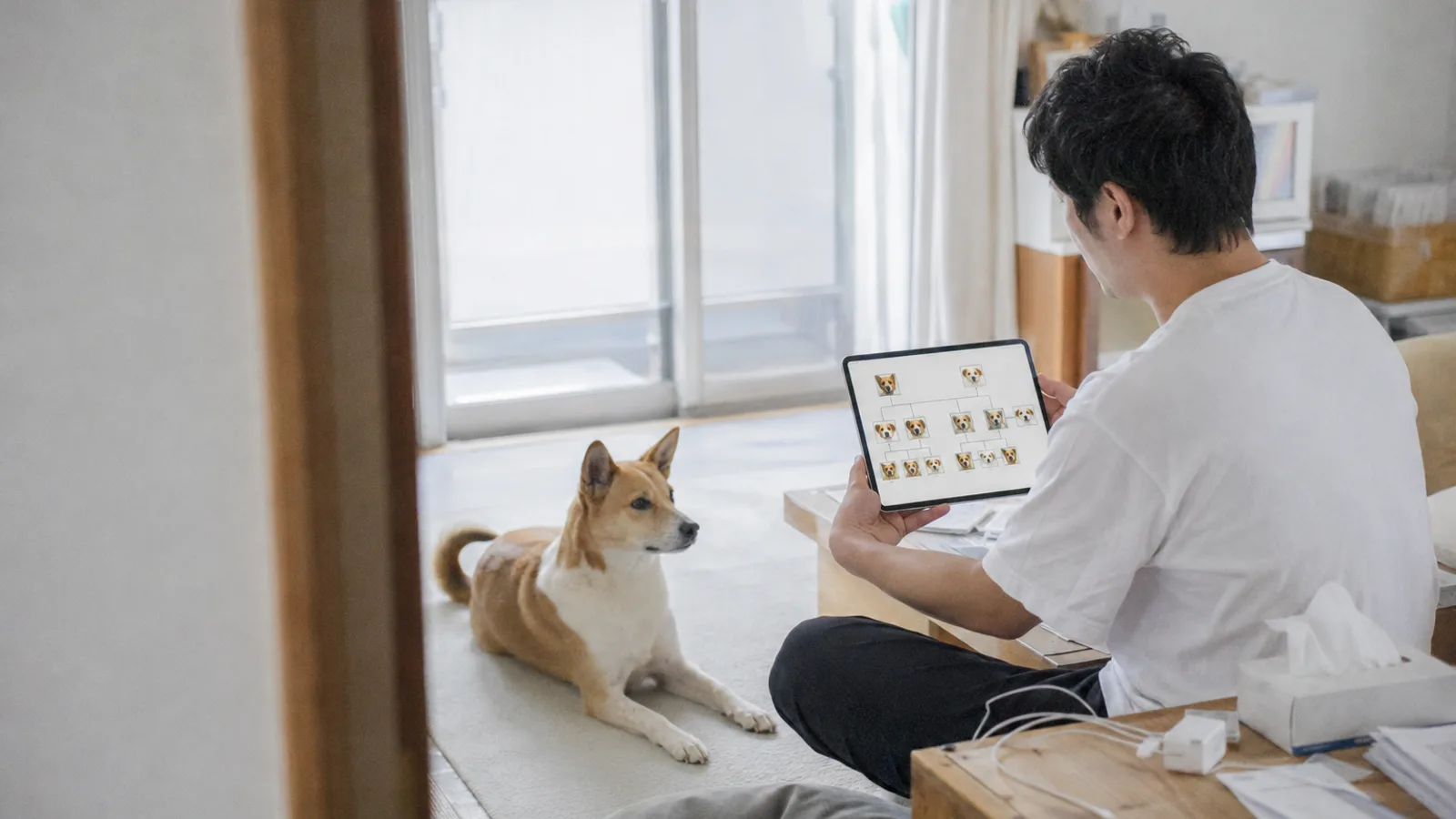 タブレットに並ぶ犬の顔写真を線でつないだ家系の図を見る男性と、隣で伏せる茶と白のミックス犬
