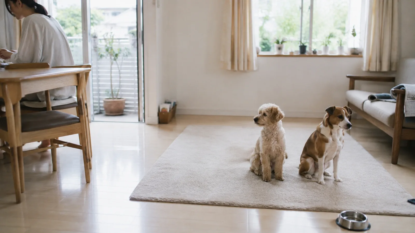 ラグに並んで座る、細かい巻き毛のクリーム色のミックス犬とまっすぐな短毛の茶と白のミックス犬。奥のダイニングテーブルに背を向けて座る女性