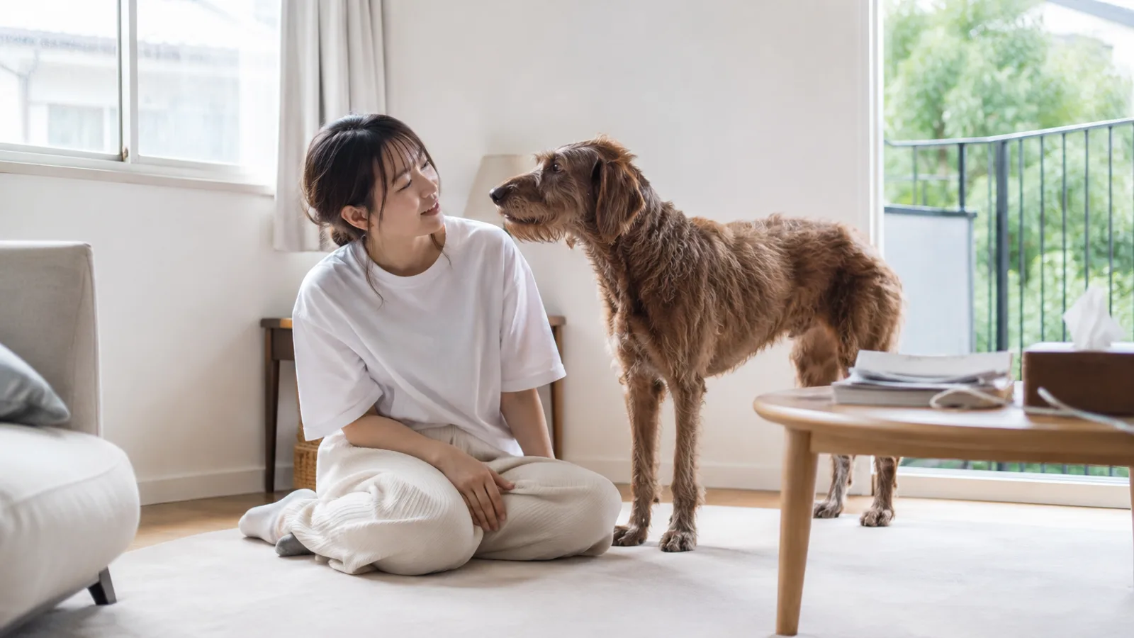 床に座る女性の肩の高さまで頭が届く、成長した中型のミックス犬