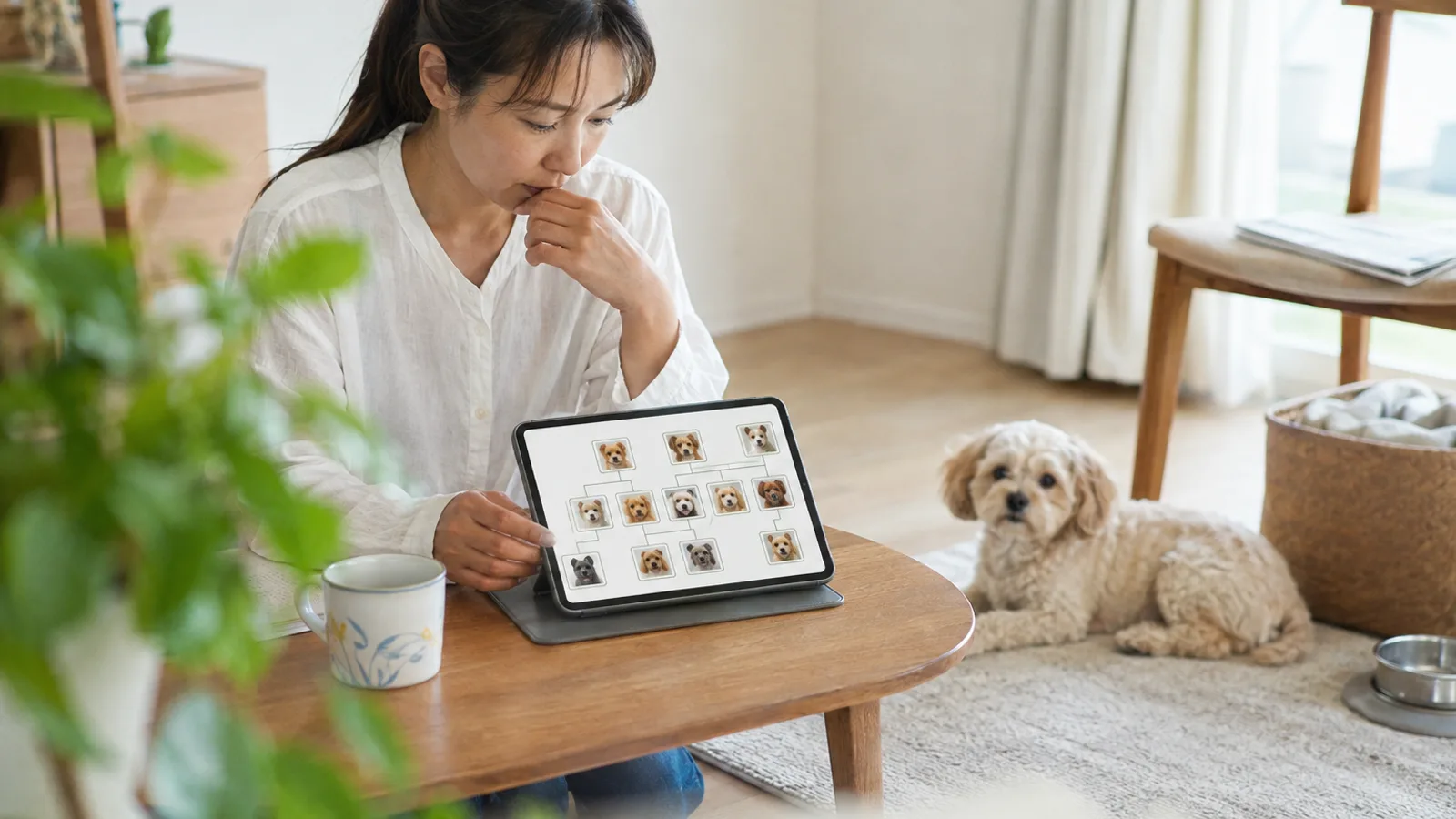 タブレットの画面で見た目の違う犬の顔写真を線でつないだ家系の図を見る女性と、横に伏せる巻き毛のミックス犬