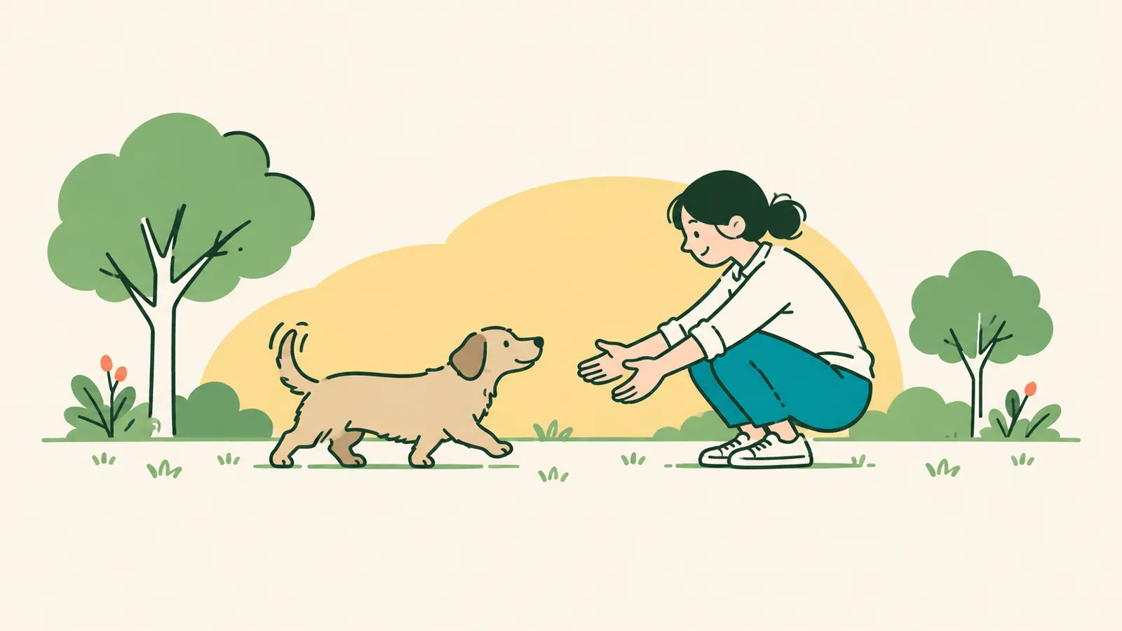 イラスト:公園の芝生で、しゃがんだ飼い主のほうへ歩いてくる胴の長い小さなミックス犬