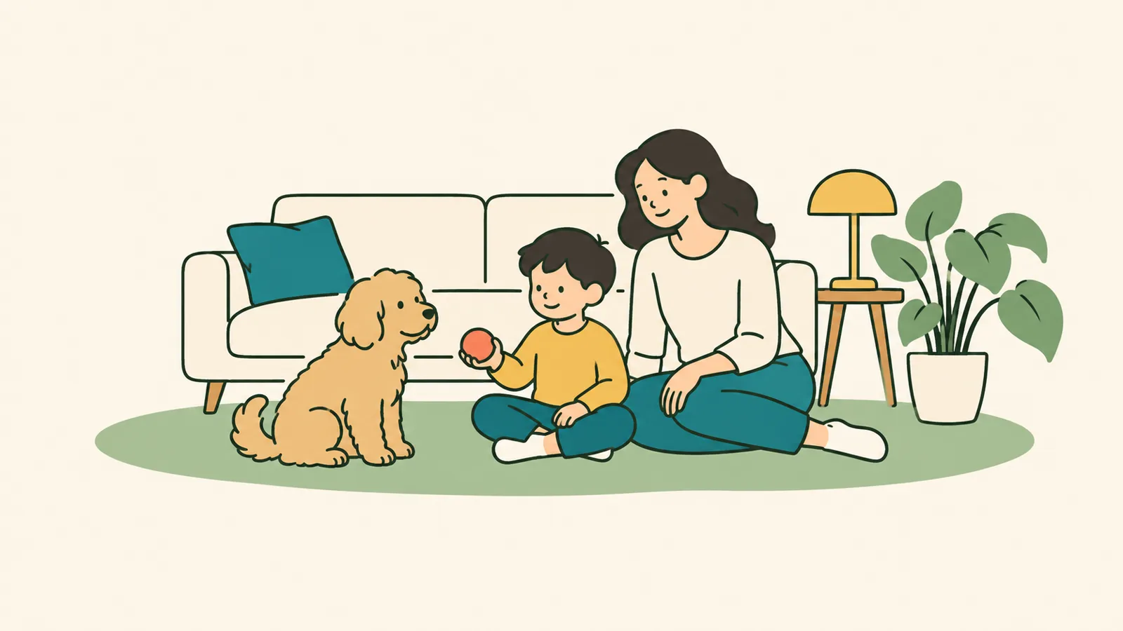 イラスト:リビングのラグで、ボールを持つ子どもと飼い主のそばにいる小さなミックス犬