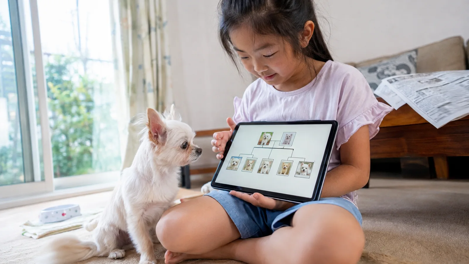 床であぐらをかいてタブレットの家系図画面を見る女の子と、隣に座る白いチワマル。枠には犬の写真が並ぶ
