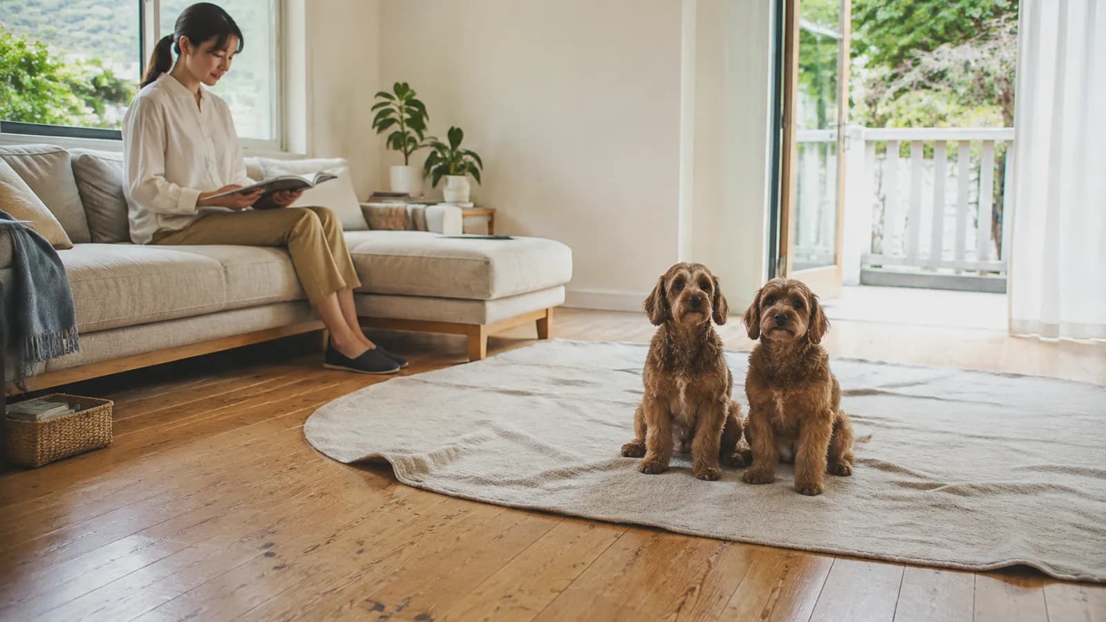 ラグに並んで座る、同じ大きさと毛色で鼻づらの長さだけが違うミックス犬2頭と、奥のソファで本を読む女性