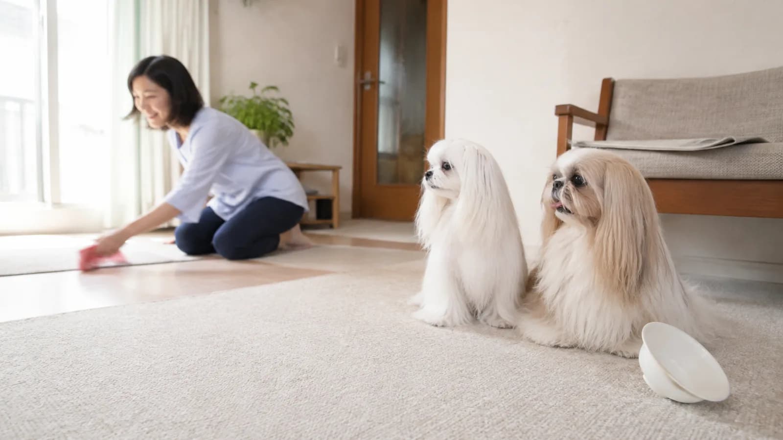 白く長い毛のマルチーズと、金と白の長い毛で鼻の短いシーズーが並んで座っている。奥で床を拭く女性