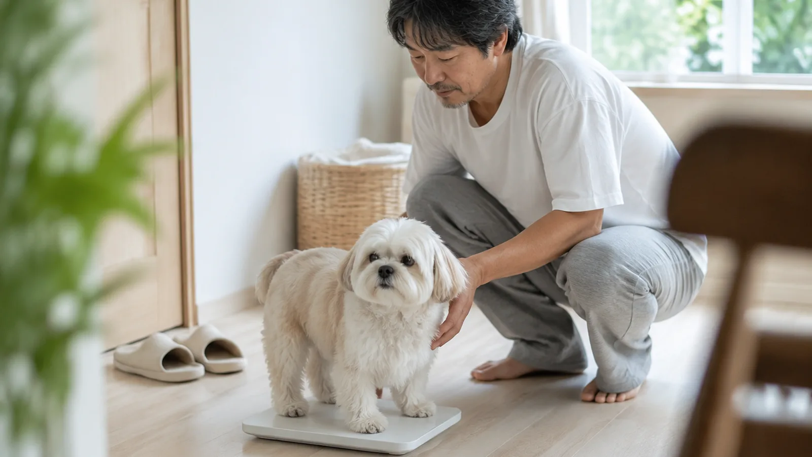 床に置いた平らな体重計にじっと立つマルシーズーと、横にしゃがんで手を添えようとする男性
