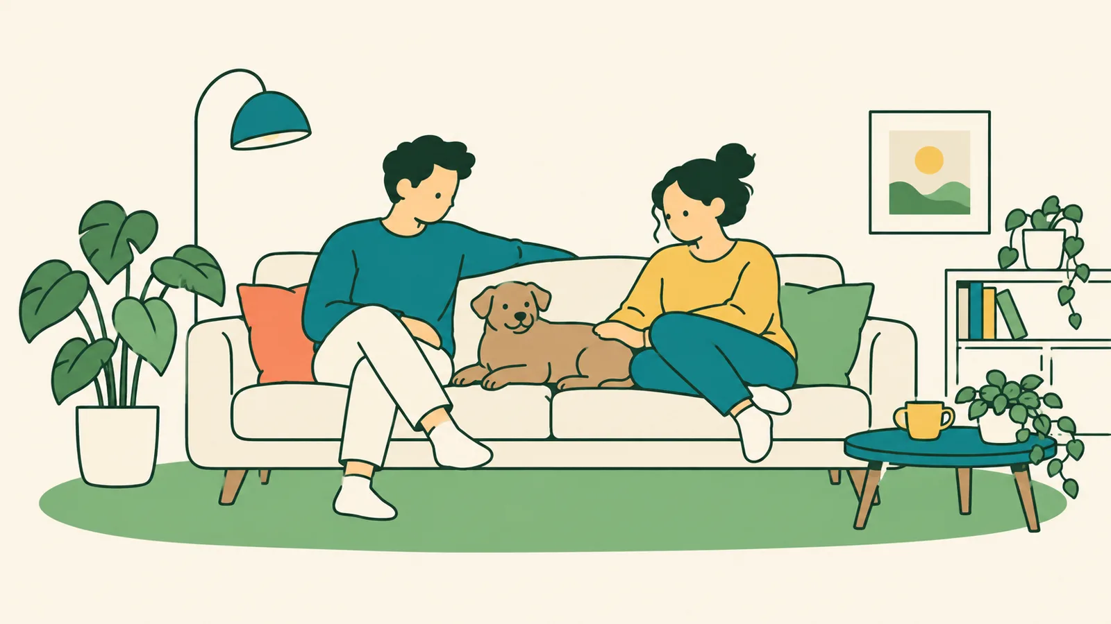 イラスト:ソファにすわる家族2人の間でくつろぐ、たれ耳の小さなミックス犬