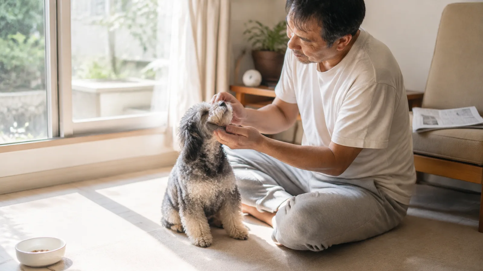 床に座って、顎を上げたひげのある灰色のシュナプーの口ひげを両手で整える男性