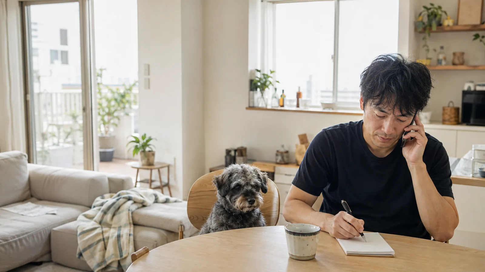 台所の丸テーブルで電話をしながら無地のノートに書き取る男性と、隣の椅子に座るひげのある灰色のシュナプー