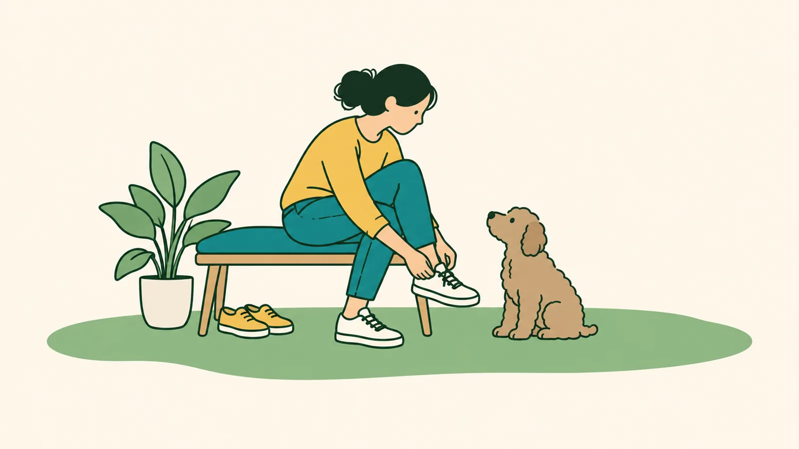 イラスト:玄関のベンチで靴をはく飼い主を見上げる、やわらかい巻き毛の小さなミックス犬