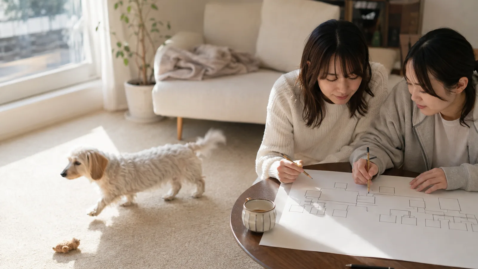 大きな紙に空の枠と線だけの家系図を鉛筆で描く2人の女性と、そのそばのカーペットを歩く胴長の白いマルックス