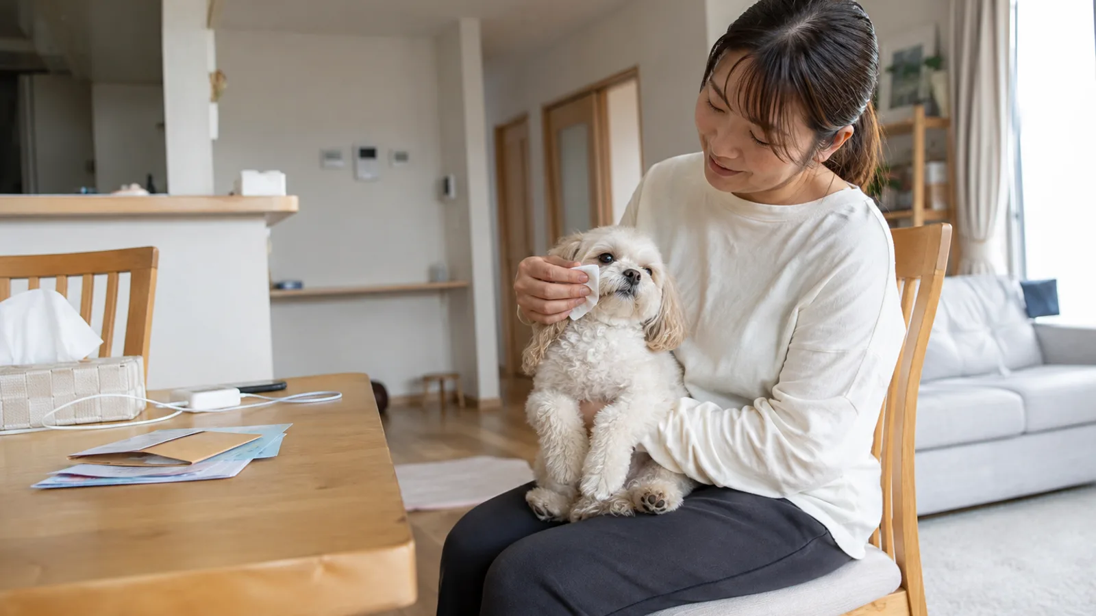 椅子に座った女性が、膝に乗せたクリームの巻き毛のシープーの顔まわりを白い布でそっと拭いている