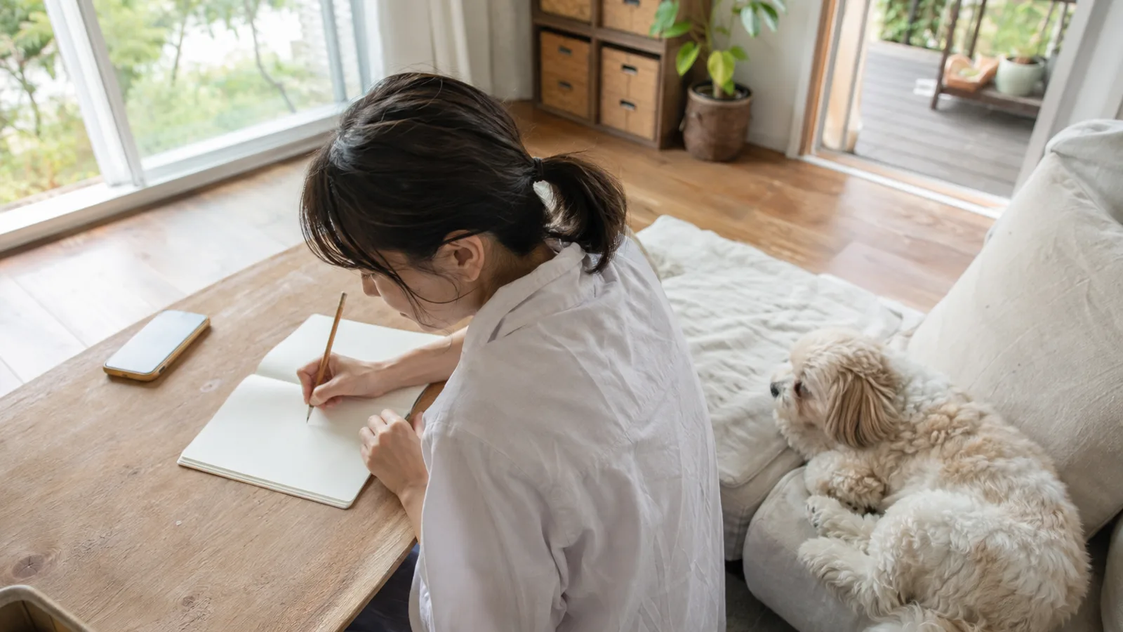 ローテーブルで無地のノートに鉛筆で書き込む女性と、隣のクッションで顔を上げているシープー。テーブルにスマートフォン