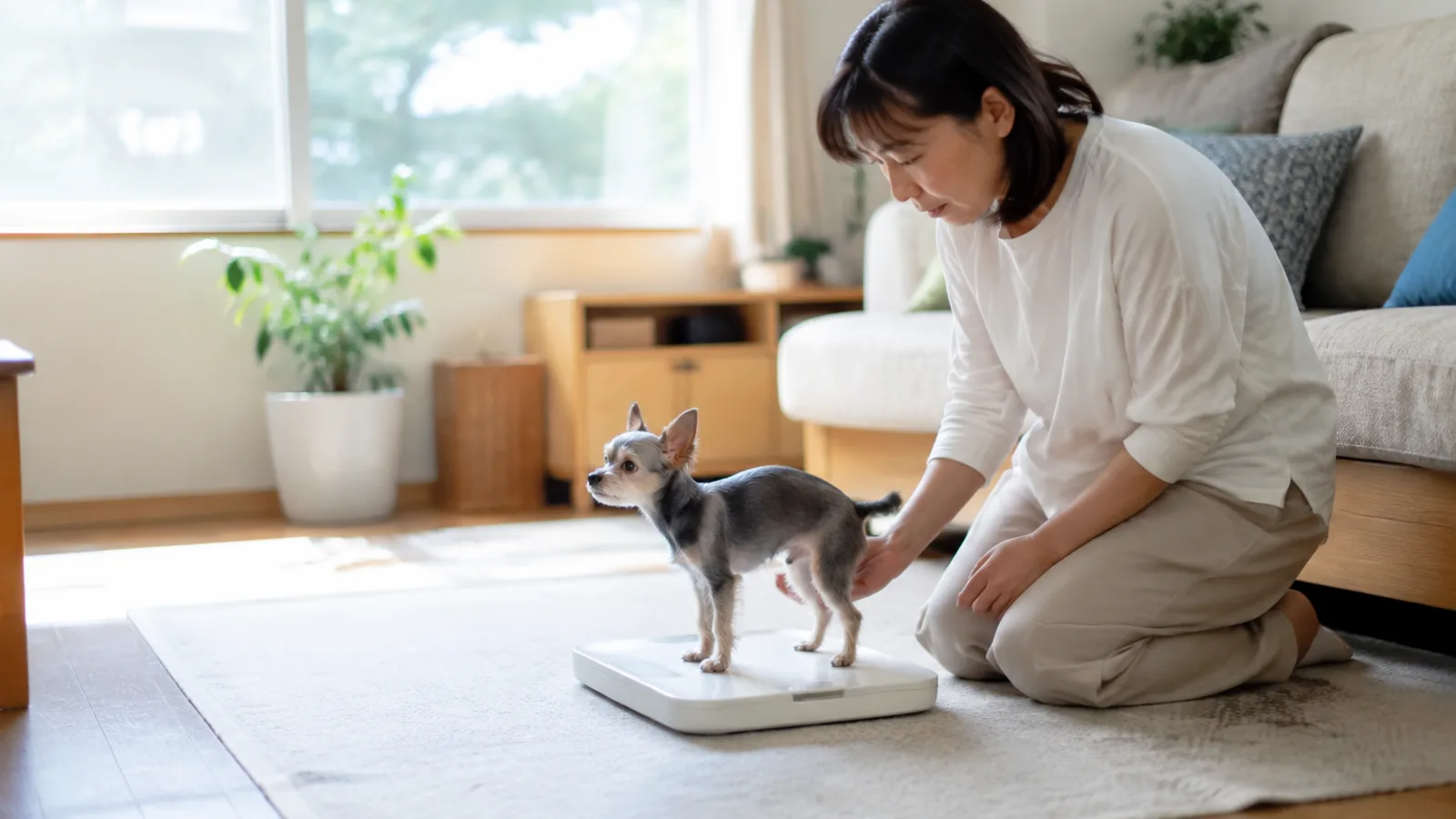 床に置いた平たいペット用の体重計に四本足で立つとても小さなヨーチーと、そばに膝をついて体に手を添える女性