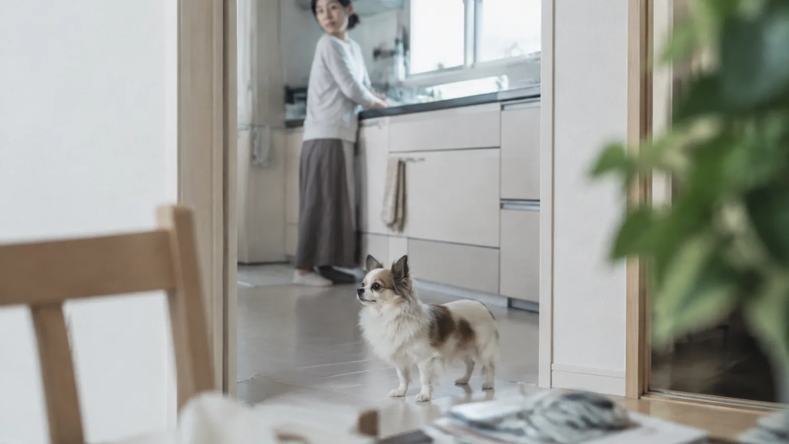 台所の入口に立ち、耳を立てて前方を見る小さな白と茶のチワズーと、奥の流し台に立つ女性