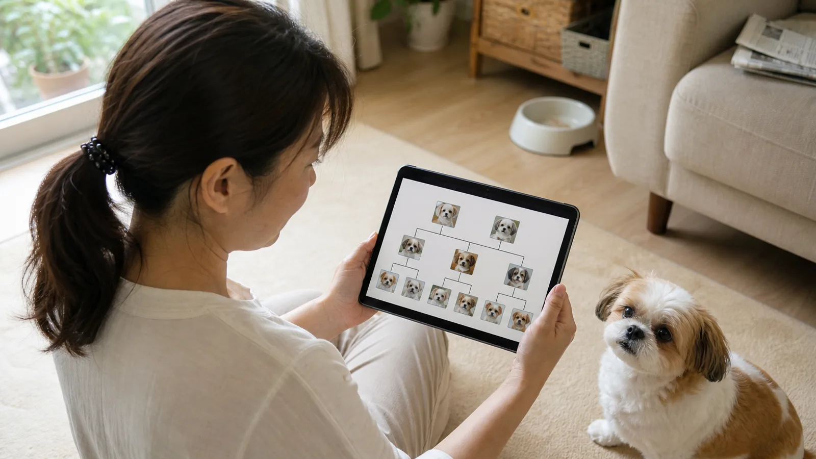 タブレットに映った犬の写真だけの家系図を見ている女性と、隣に座る白と茶の小さな犬