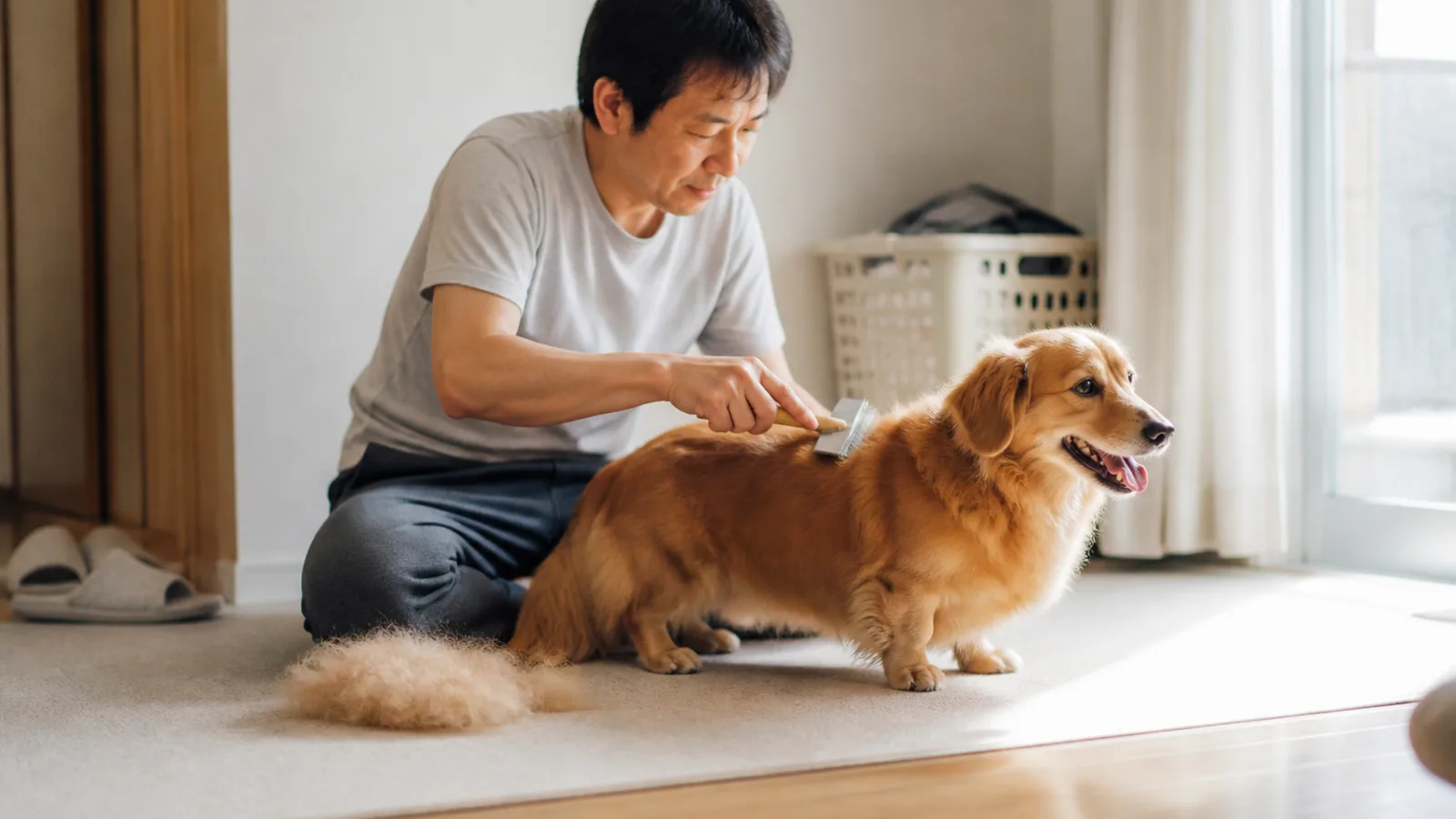 床でポメックスの厚い毛をスリッカーブラシでとかす男性。そばに抜けた下毛が少したまっている