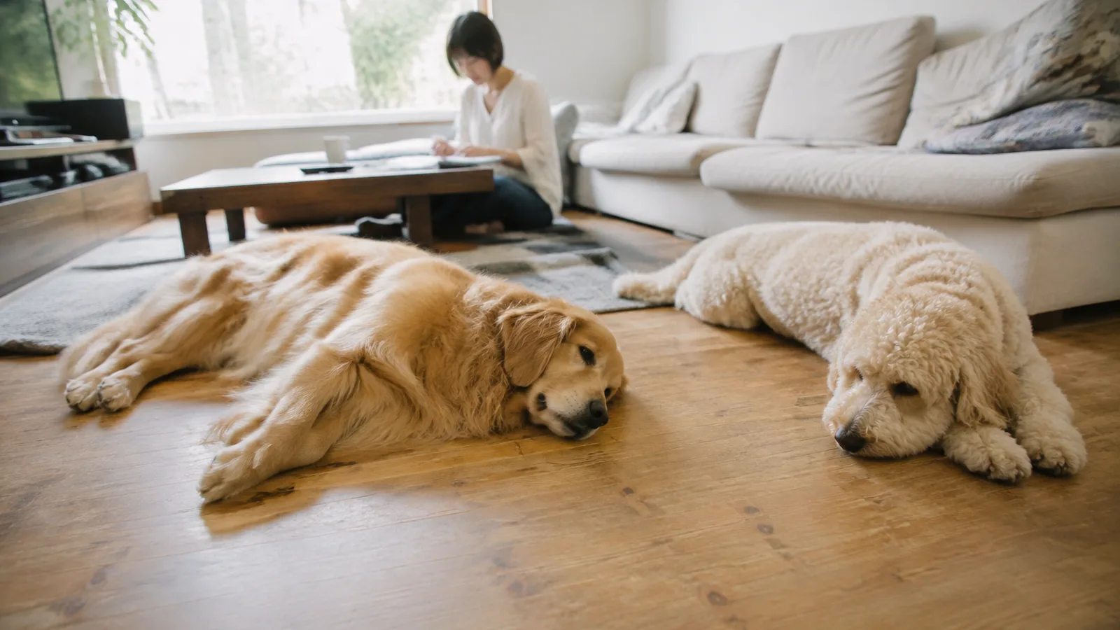 リビングの床に並んで伏せる2頭の大型犬。手前は平坦でウェーブのある金色の被毛、奥は密に巻いたクリーム色の被毛