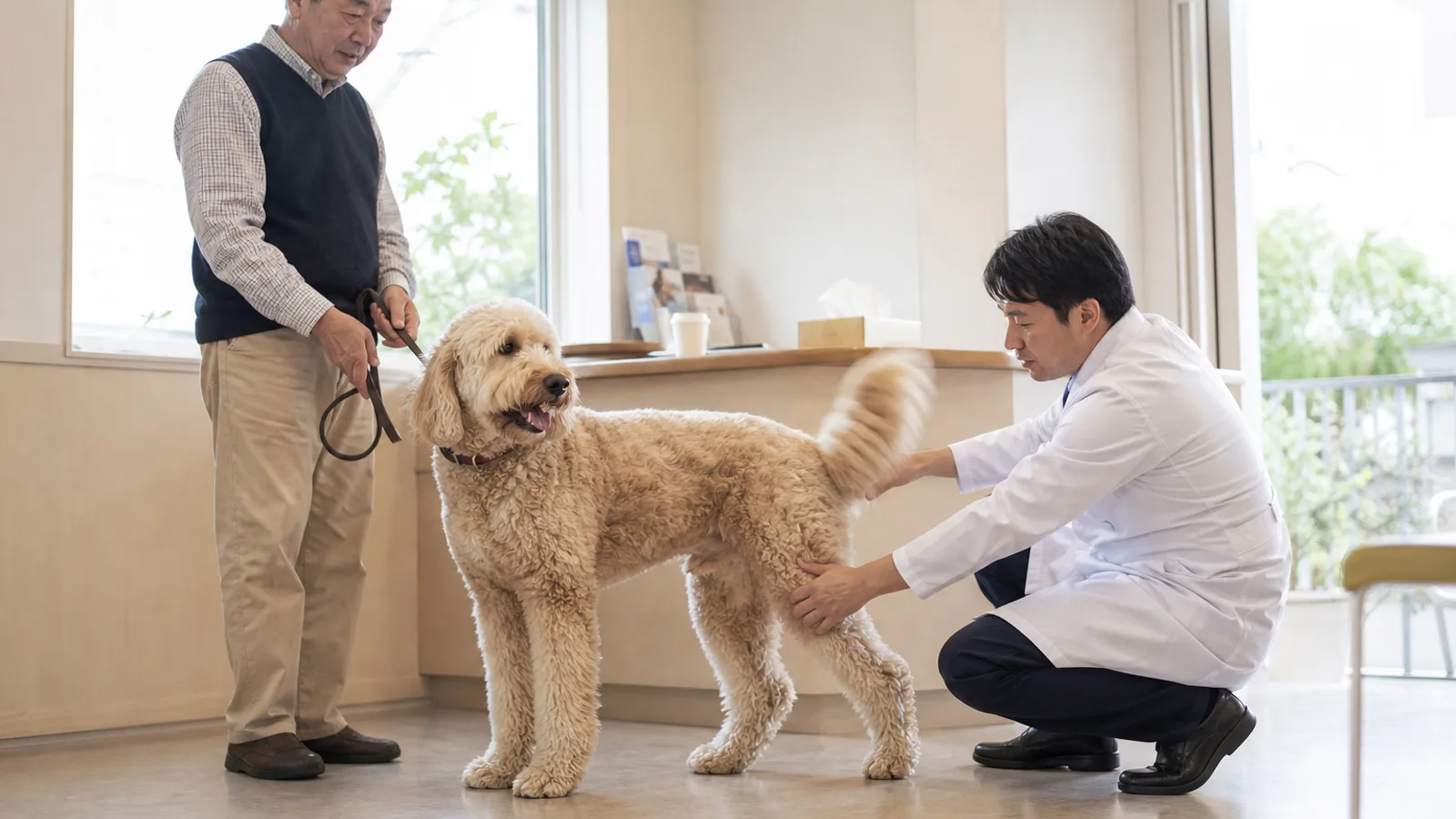 動物病院で、立っているゴールデンドゥードルの腰と後ろ足に手を当てて確かめる獣医師と、リードを持つ飼い主の男性