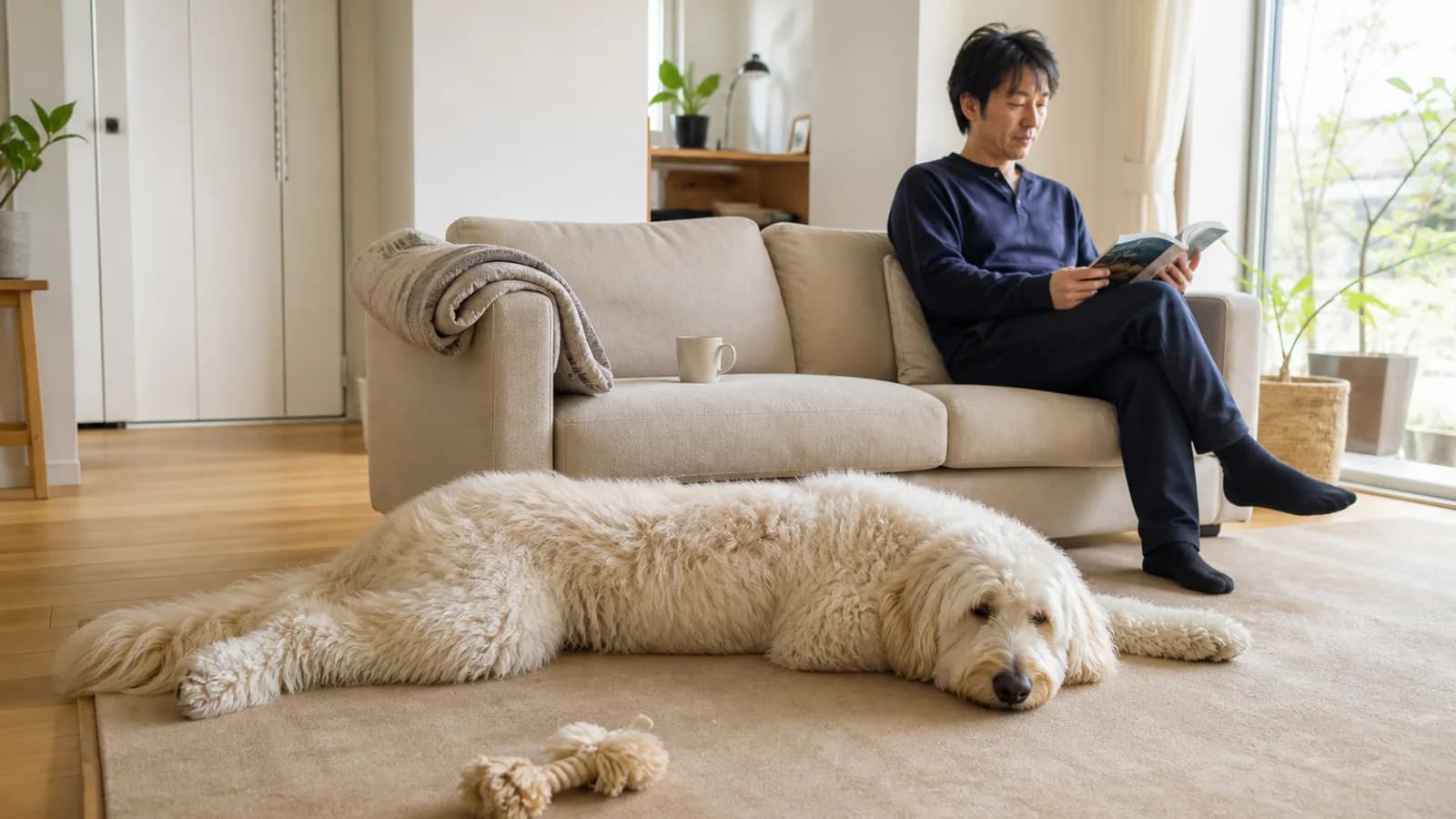 ソファで本を読む男性の前で、ソファとほぼ同じ長さに伸びて寝そべる大きなクリーム色のラブラドゥードル