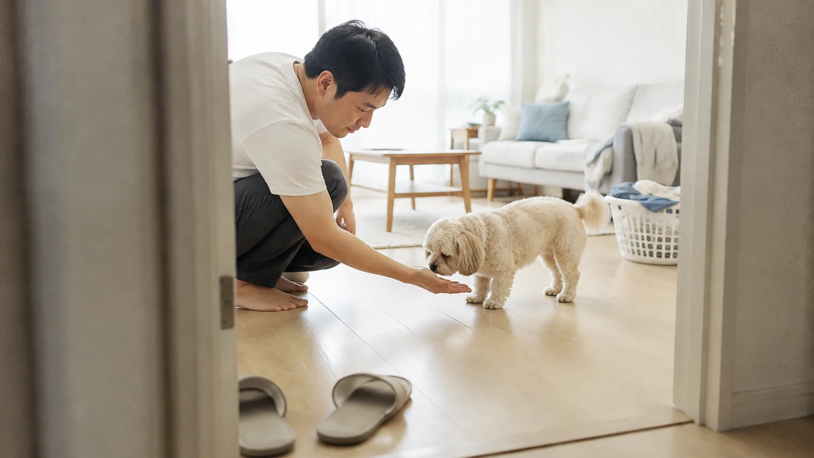 ドア枠越しの部屋で、床にしゃがんだ男性が差し出した手のひらに鼻を近づける、クリーム色の巻き毛と長い垂れ耳のペキプー