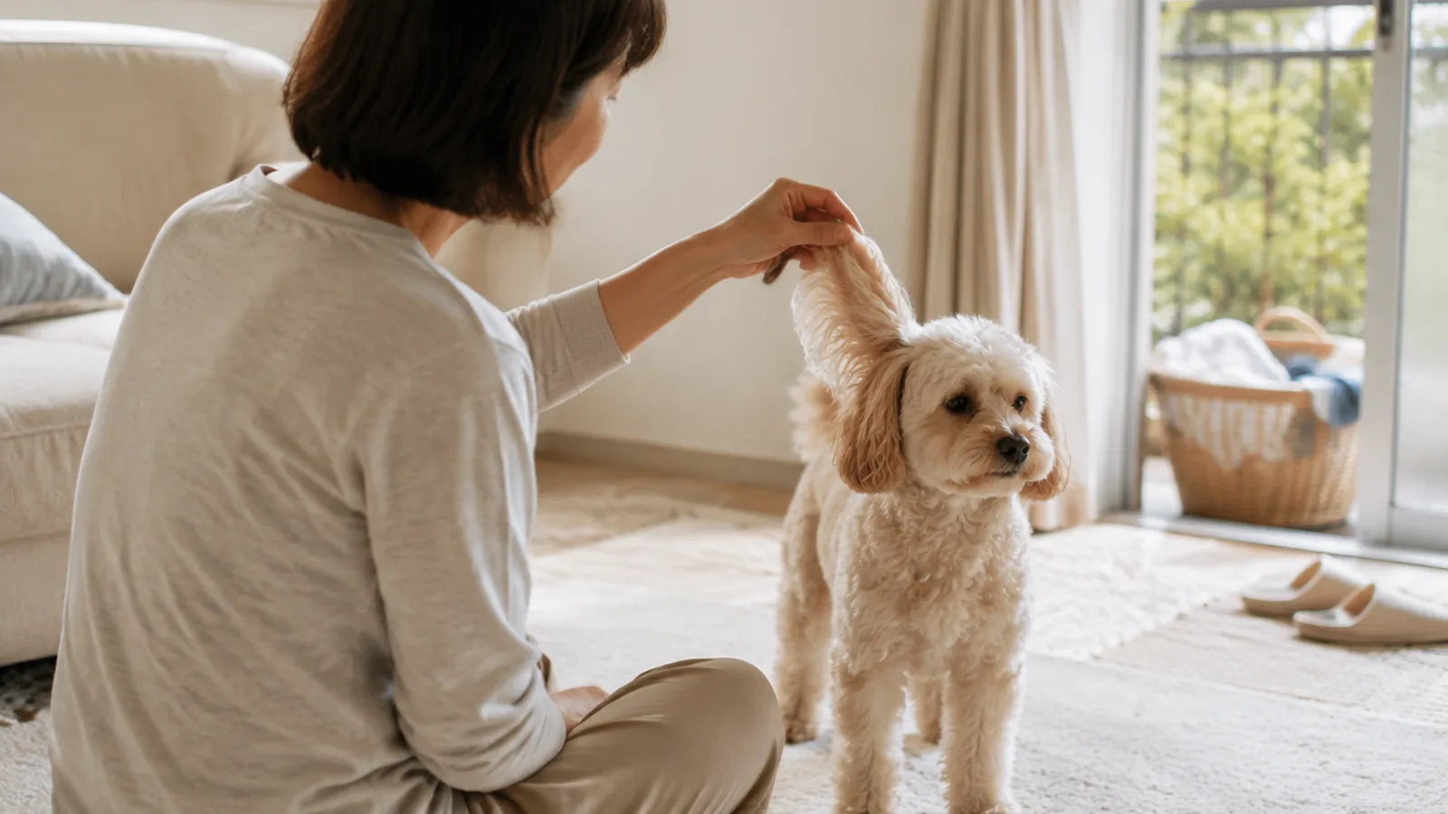 後ろ姿の女性に長い垂れ耳の飾り毛を指でつまんで持ち上げられ、四足で立っているクリーム色の巻き毛のペキプー