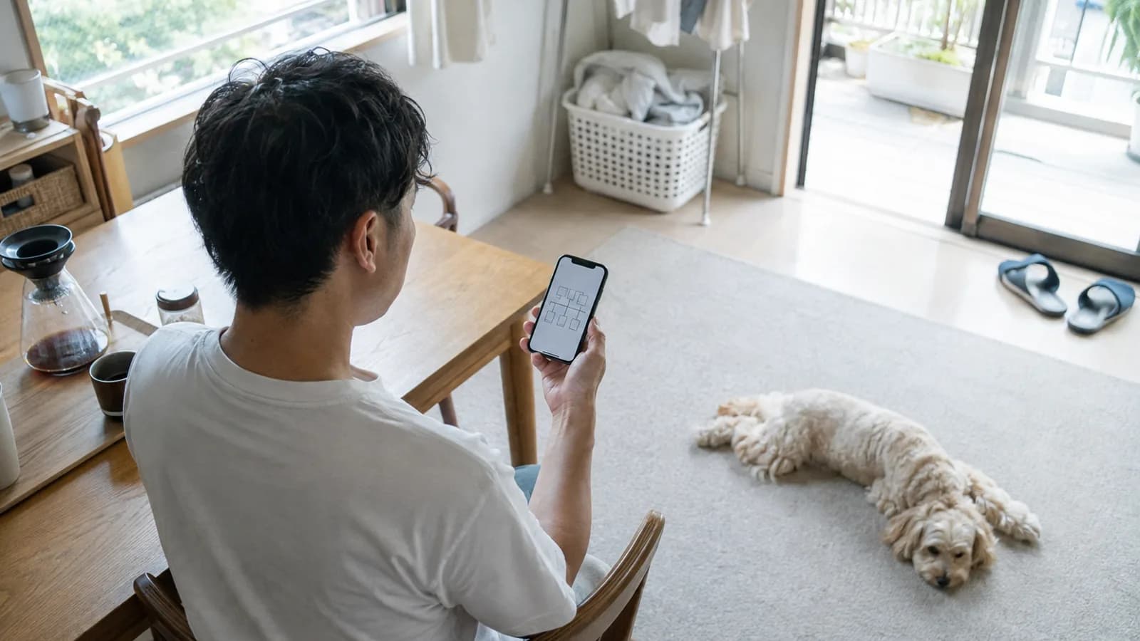 ダイニングの椅子でスマートフォンの家系図の画面を見る男性と、その先の敷物に体を伸ばして伏せるクリーム色の巻き毛のペキプー