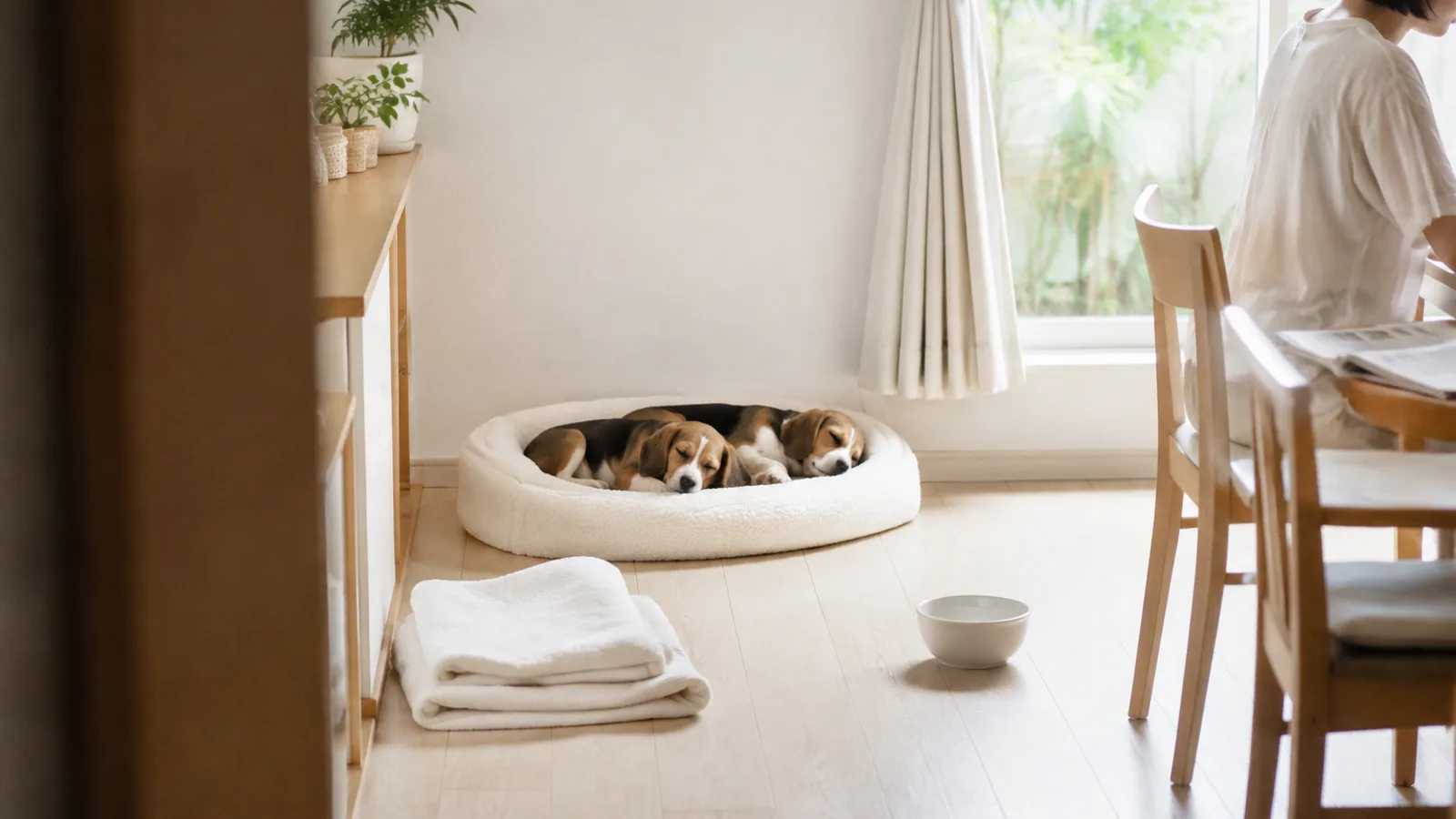犬用ベッドで体を寄せ合って眠る、白と茶と黒の三色のビーグル2頭。奥の食卓に人が背を向けて座っている