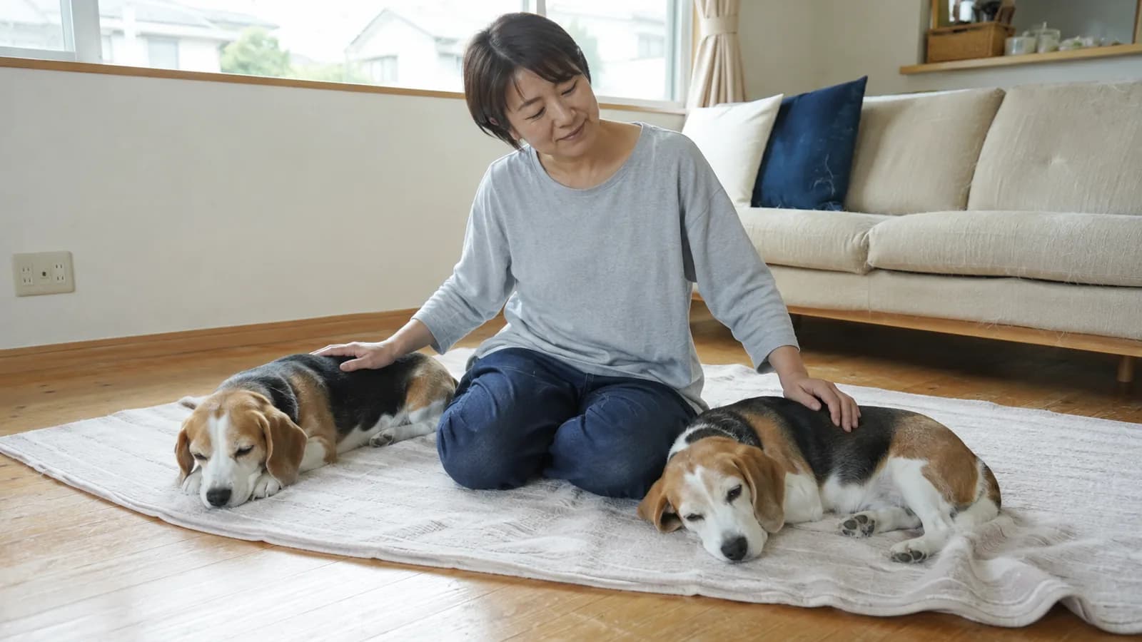 ラグに座った女性の両側で伏せる三色のビーグル2頭。女性はそれぞれの背に片手を置いている