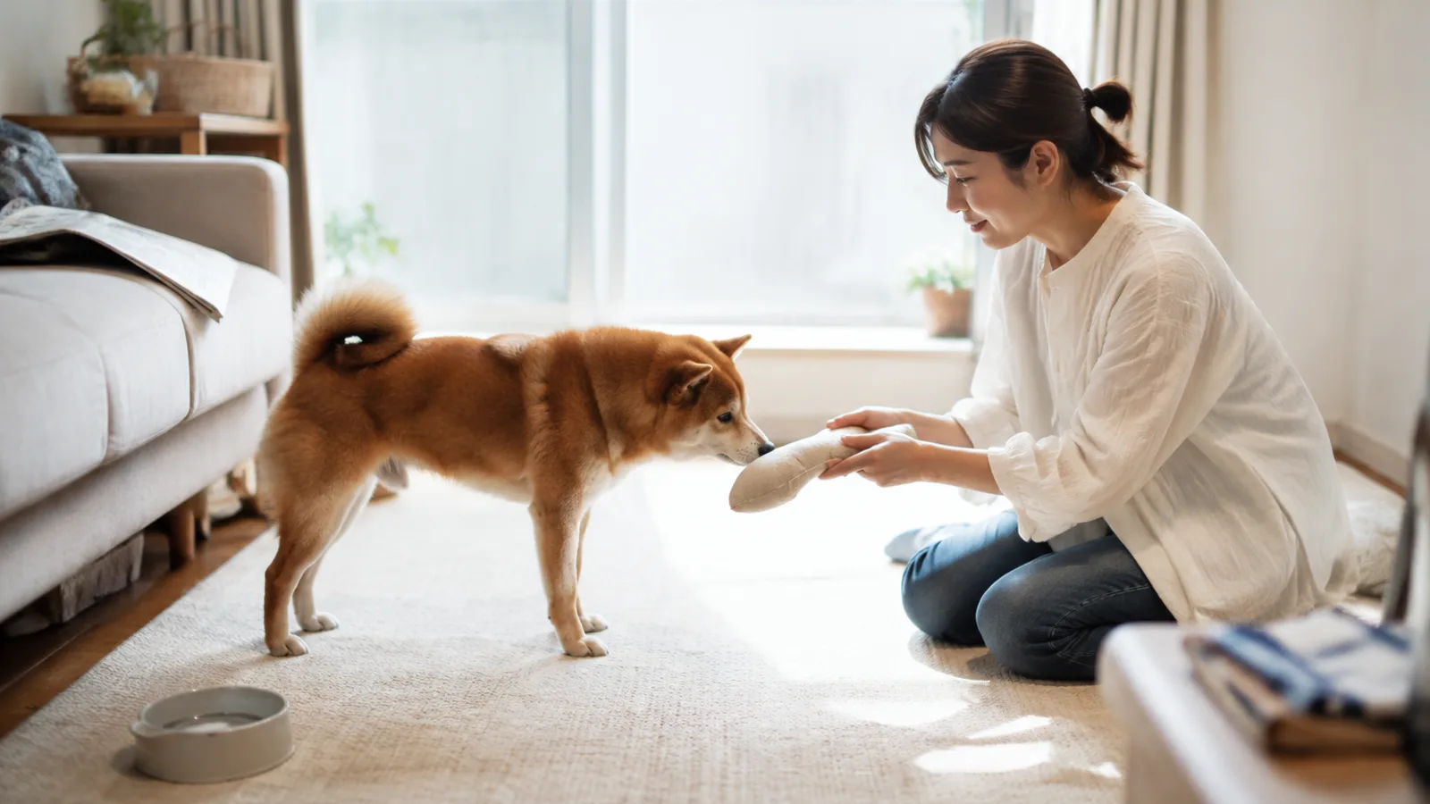 差し出された新しい布のおもちゃに鼻先を近づける赤毛の柴犬と、床に座る女性