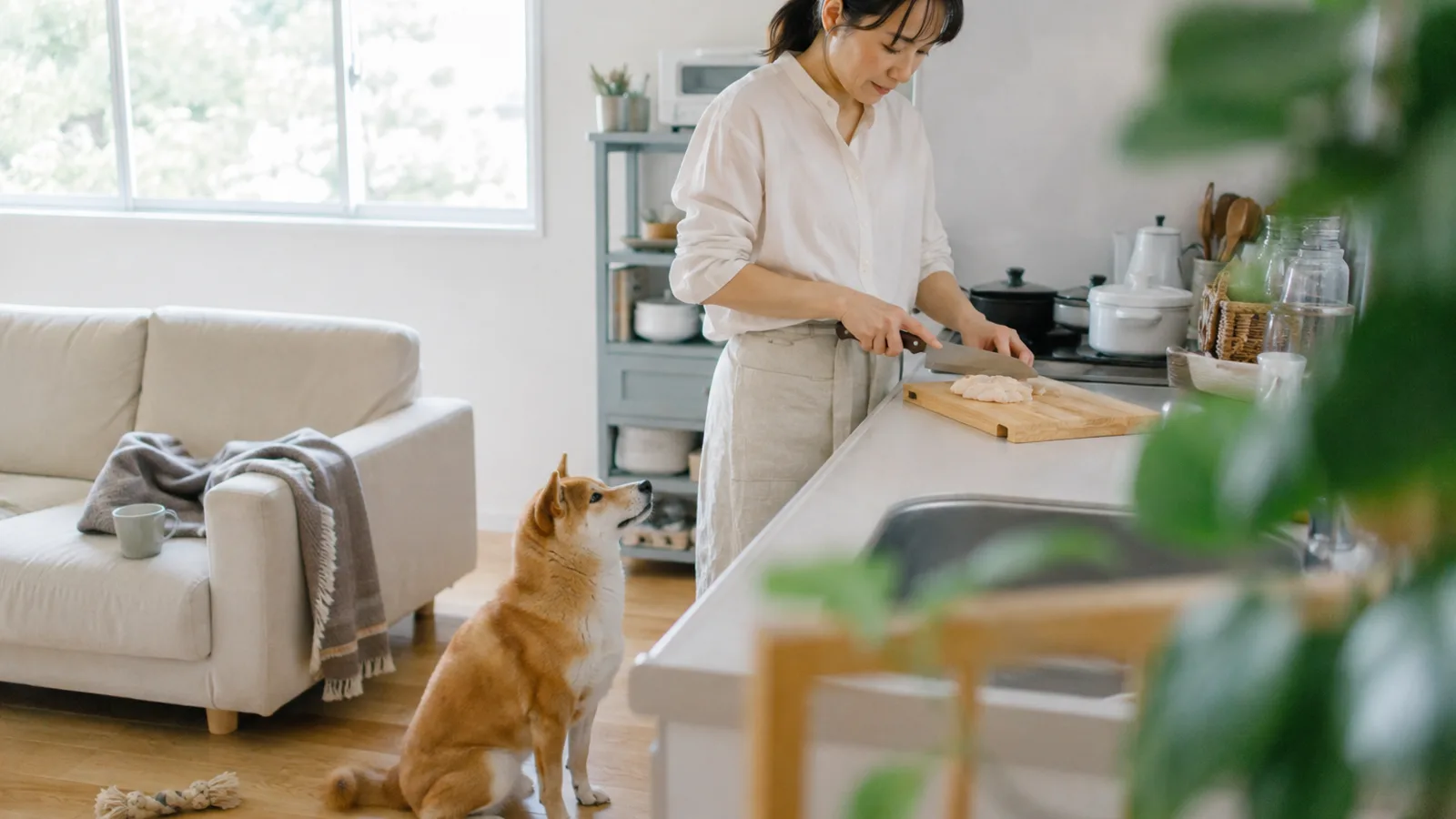 キッチンでゆでた鶏肉を小さく切る女性と、足もとで見上げる赤毛の柴犬
