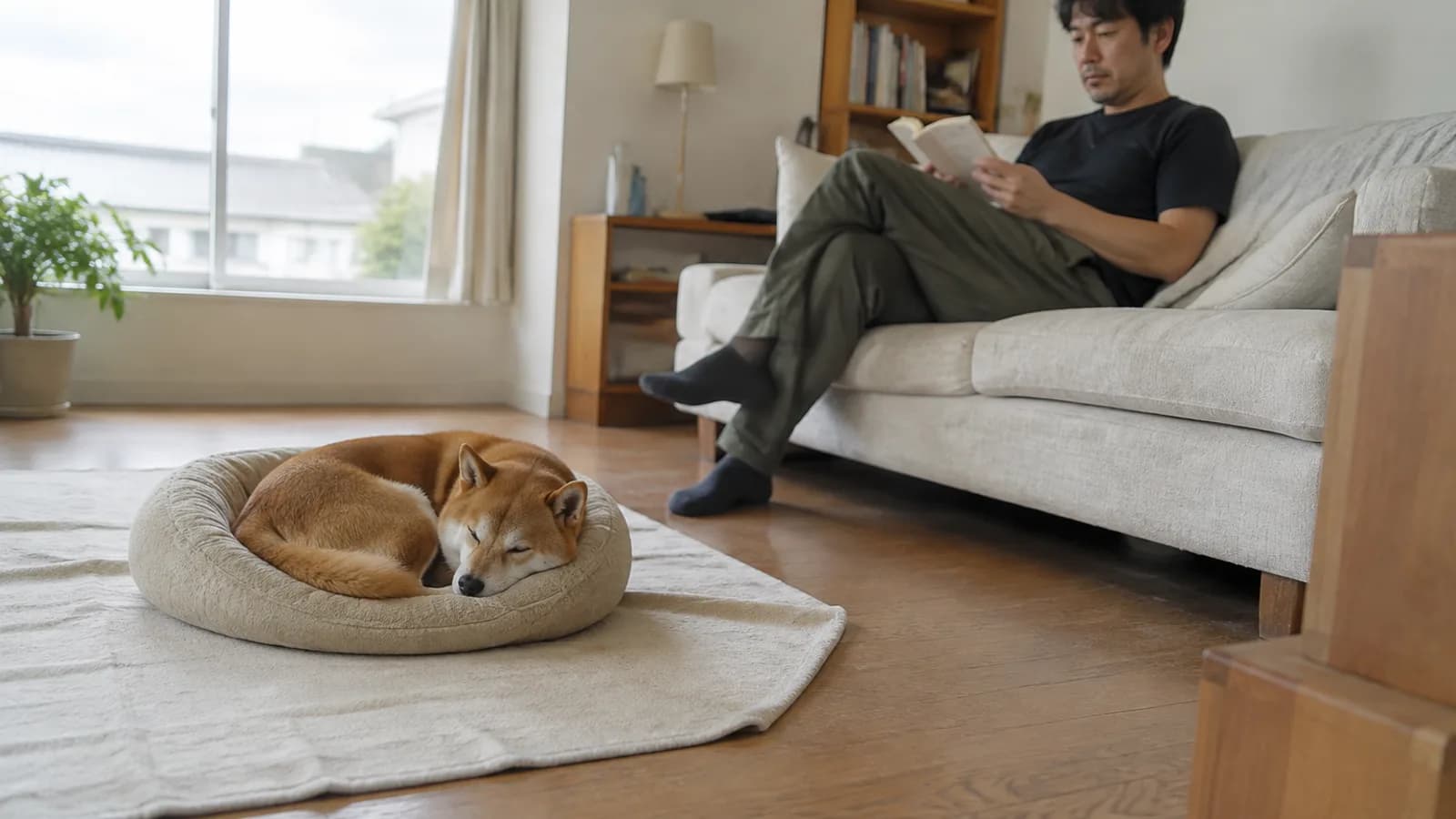 犬用ベッドで丸くなって休む赤毛の柴犬と、少し離れたソファで本を読む男性